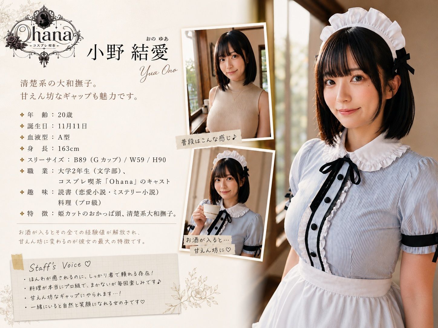 【AI生成】IMAGE VIDEO ＆ AI写真集 Vol.5 小野結愛 コスプレ喫茶Ohanaアルバイト/大学生（20） 「古びた喫茶店の、女神がおもてなし」 サンプル画像1