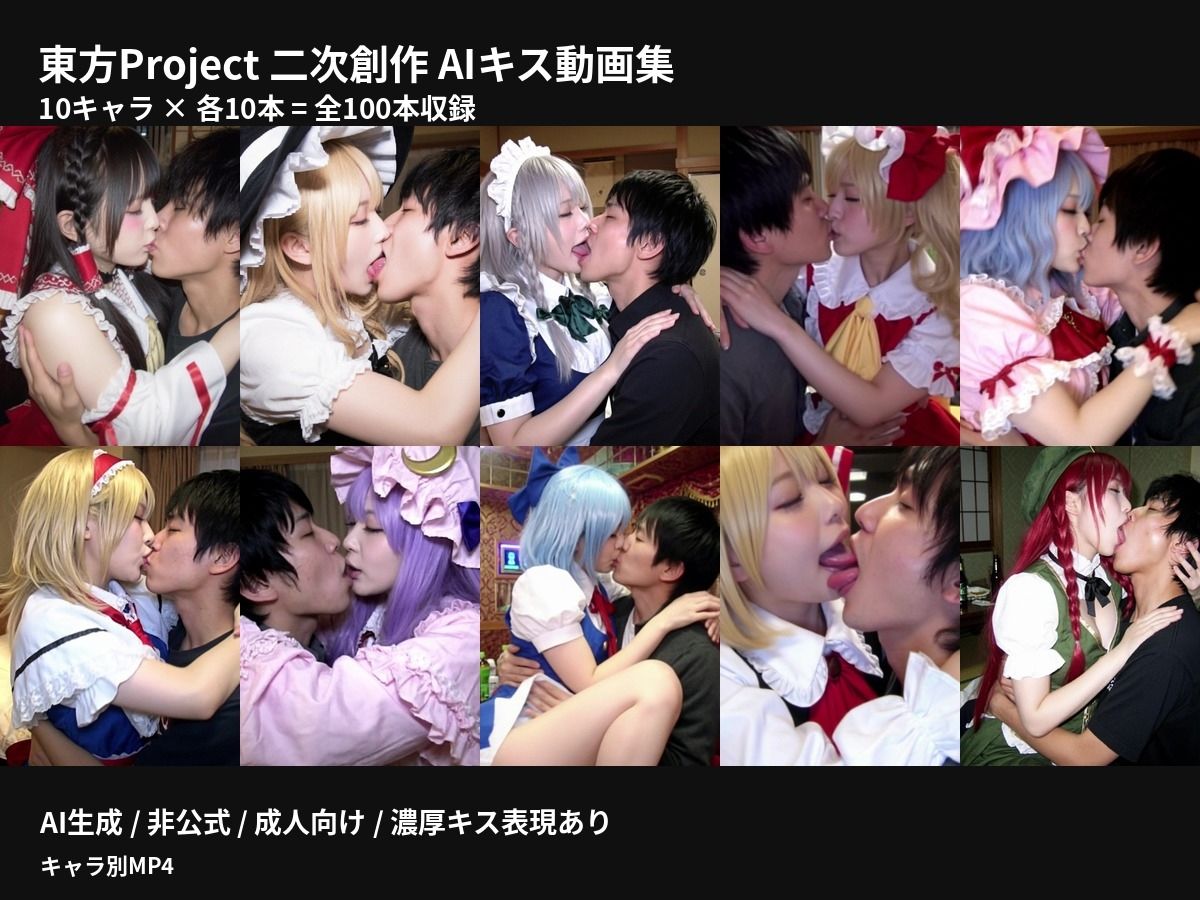 【AI生成】東方Project二次創作 濃厚キス動画集 10キャラ 100本収録 サンプル画像1
