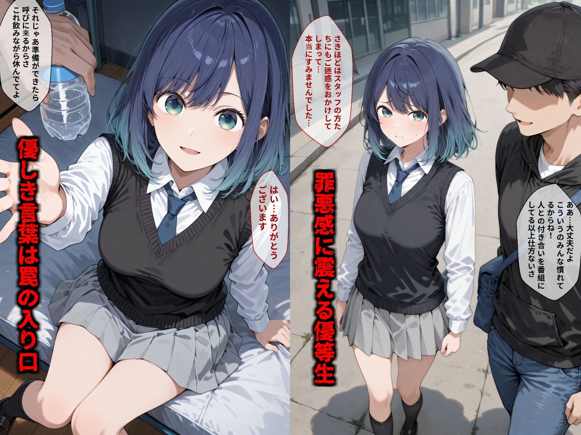 【セリフ付き画像集】純潔崩壊 黒〇あかね 前編:炎上、絶望、夢を追う少女の純潔が蹂躙される夜 サンプル画像1