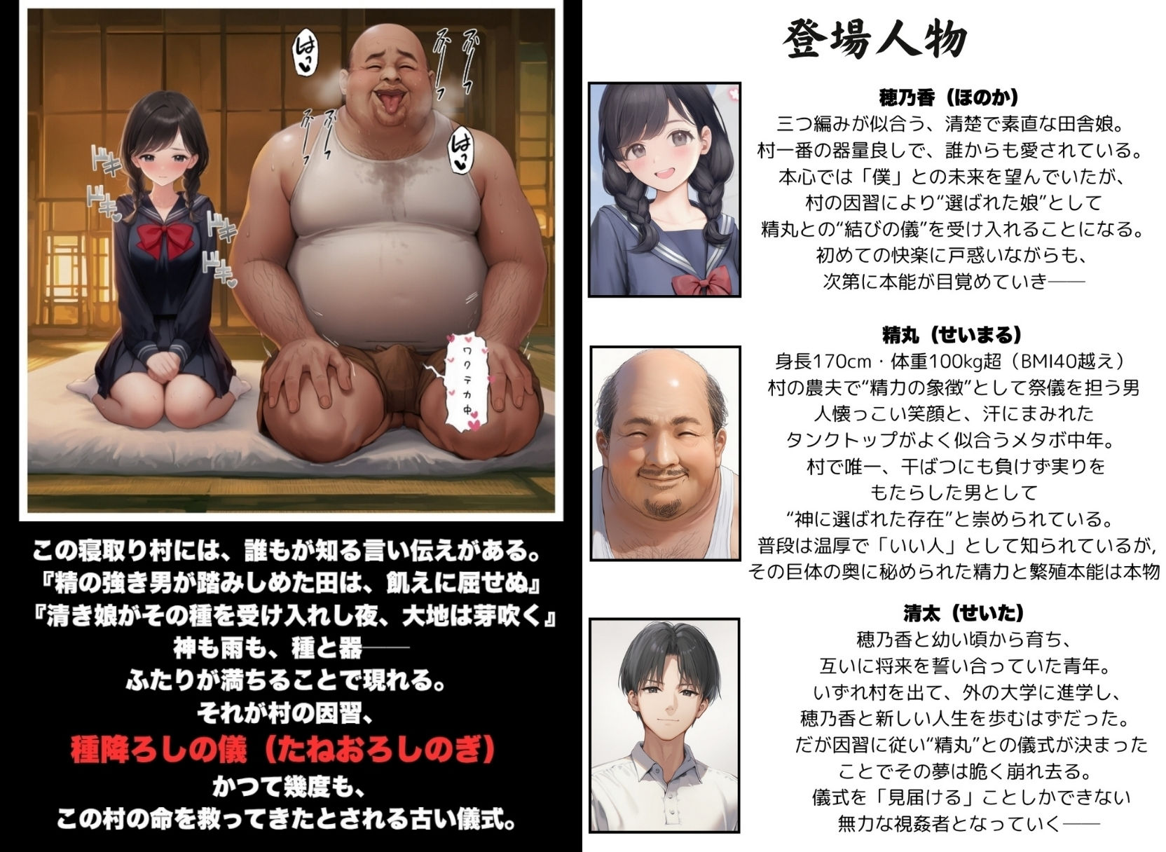 【因習村】村の飢饉を救うため差し出された僕の彼女、BMI40越えで性欲だけはいっちょまえの種付けおじさんに媚薬を飲まされ、おじさん特有のねちっこい前戯で全身べちょべちょに舐められたあげく、聖なる肉棒（チンカス付き）の掃除を実施！ その後はついに処女おまんこにゴールイン！入念かつ丹念にがん突きにされ、イキまくりんぐ！一晩中汗だくで連続絶頂アクメを決めさせられた話。 「穂乃香ぁ〜、オラの精、まるごと受け止めてくんろぉ〜〜！」 サンプル画像1