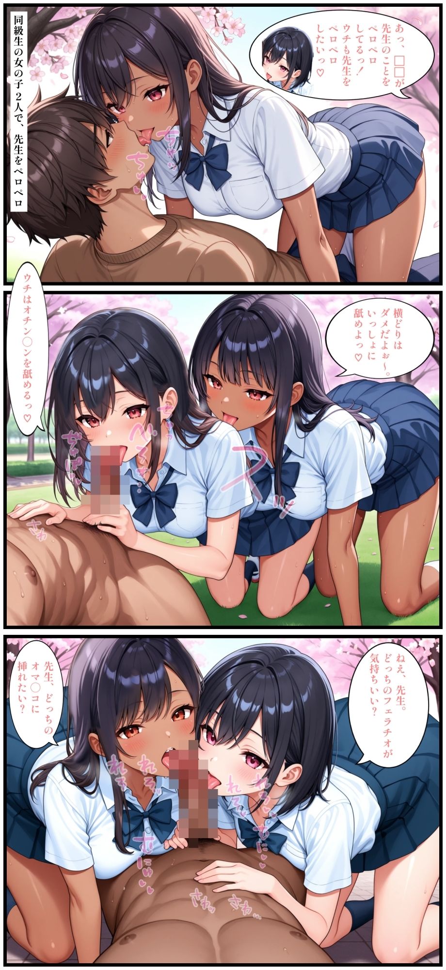 【漫画12P】【セリフありイラスト11P】【セリフなしイラスト194P】学園の隣にある桜満開の大きな公園で、エッチなお花見！おっぱいが巨乳にスクスク発育中のミニスカ制服ギャルさんたちへの男性の先生たちからの「満開（マンかい）」な「娘別（こべつ）」指導や、経験人数ゼロ人のクラスメイトとのウブな中出しセックス！エロい通学日のマンガや絵もアリ！【フルカラー217枚】 サンプル画像5