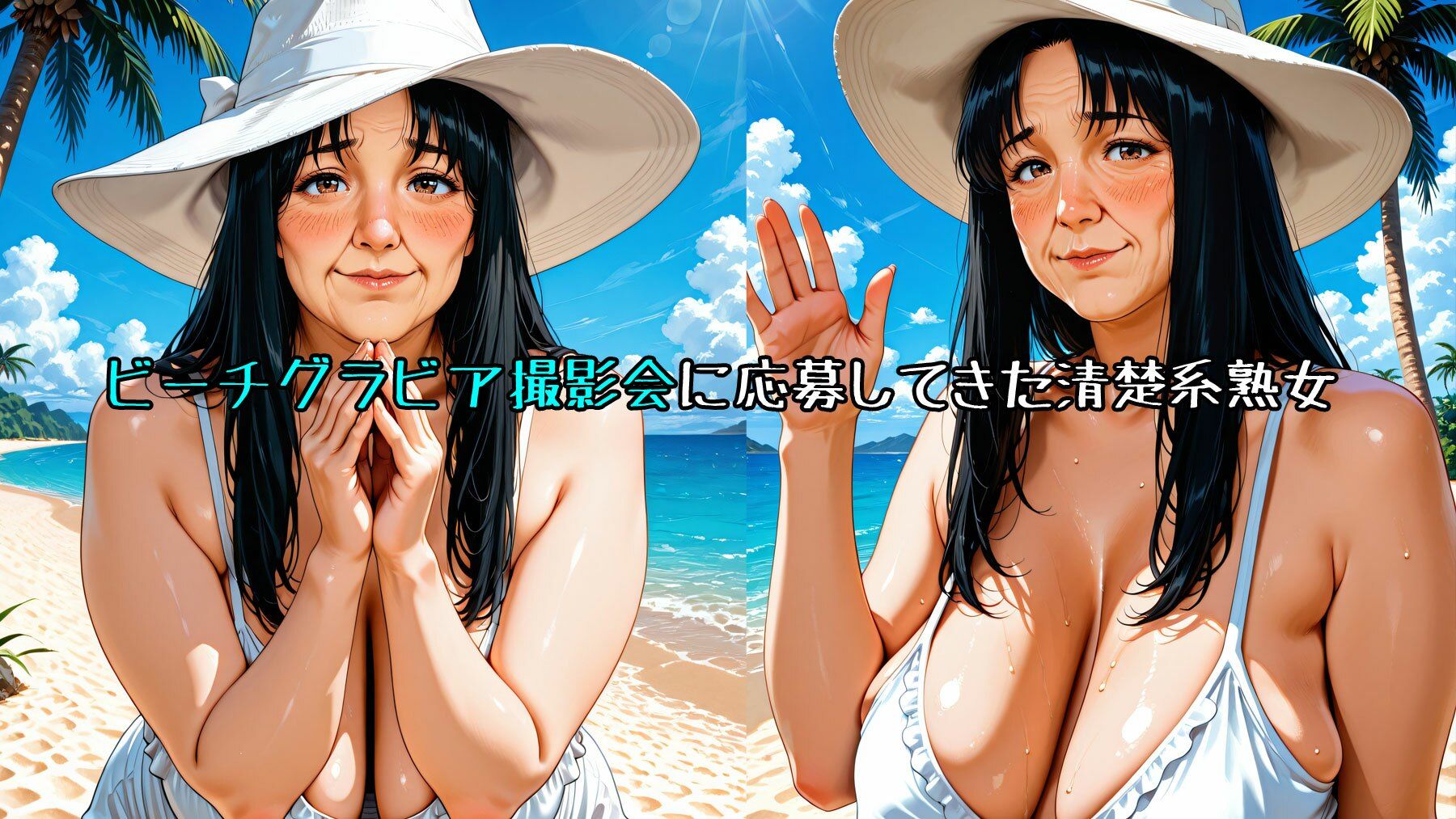 【熟女艶体撮影】清楚系熟女（処女）が夏のビーチのグラビア撮影に応募してきた サンプル画像1