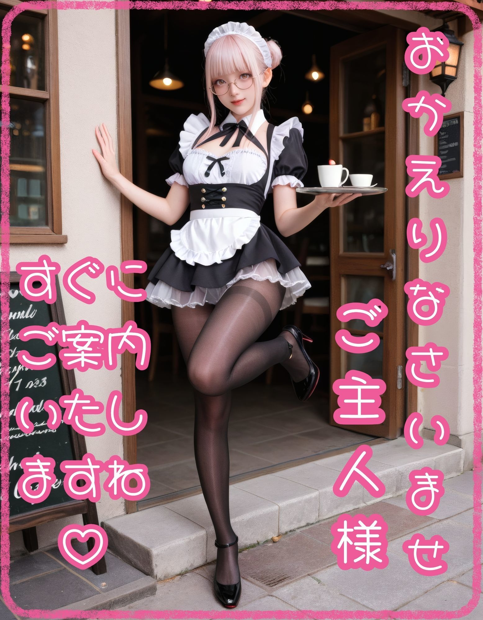【眼鏡】黒スト×メイドのご奉仕（はーと）カフェ【ピンク髪】 サンプル画像1