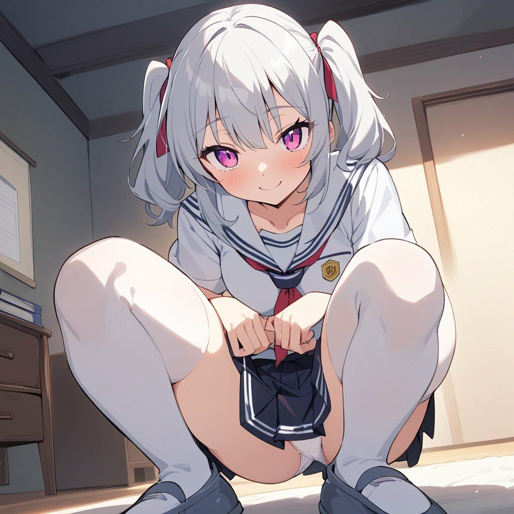 セーラー服でしゃがみ＆またがりでパンチラ サンプル画像1