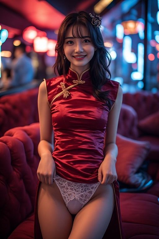 チャイナドレスパンチラで客を誘うキャバ嬢と妄想したヘアヌードを再現したAI生成画像集 サンプル画像2