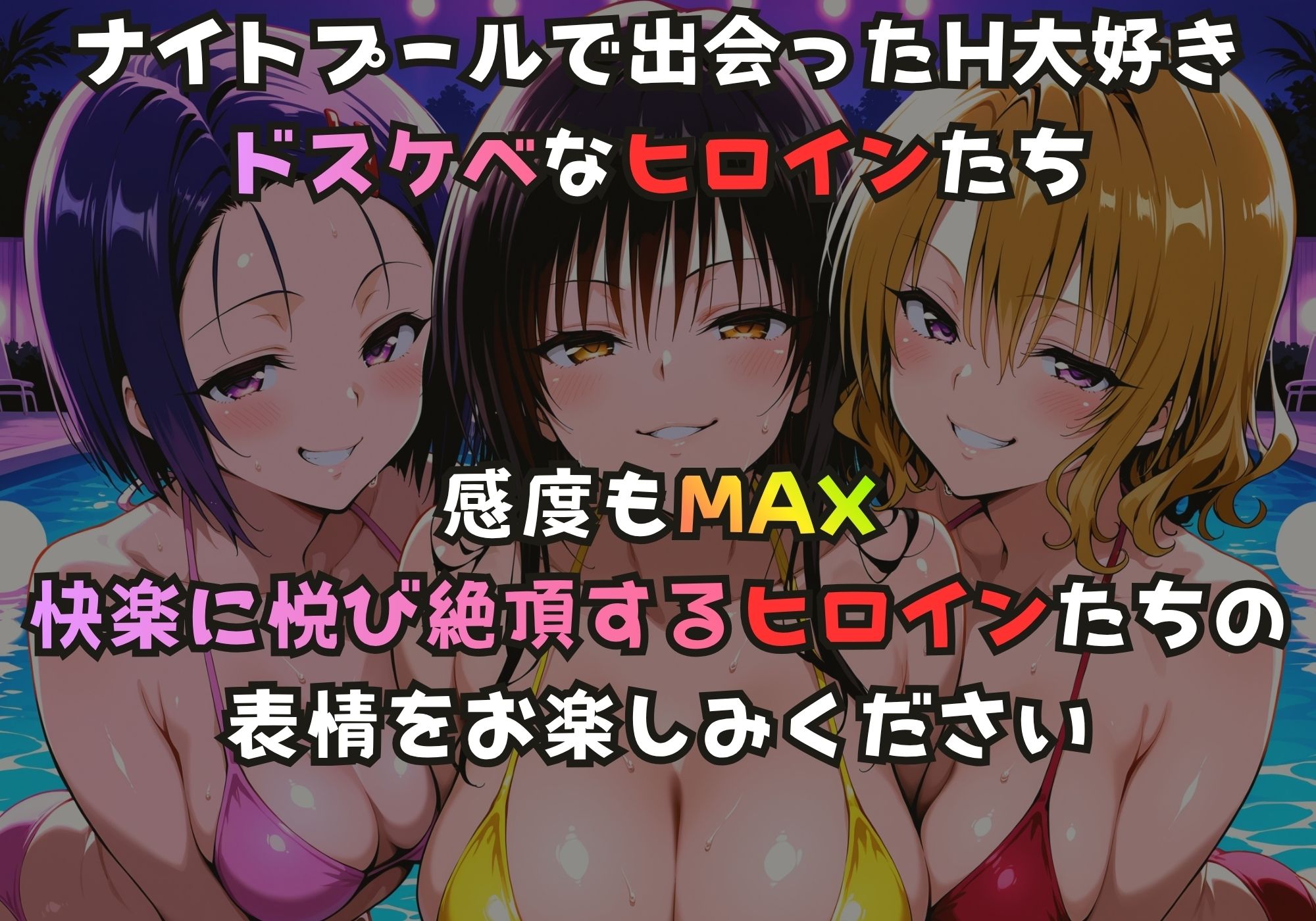 ナイトプールでガンギマるドスケベヒロイン 古手川〇＆西連寺〇菜＆籾岡〇紗 サンプル画像1