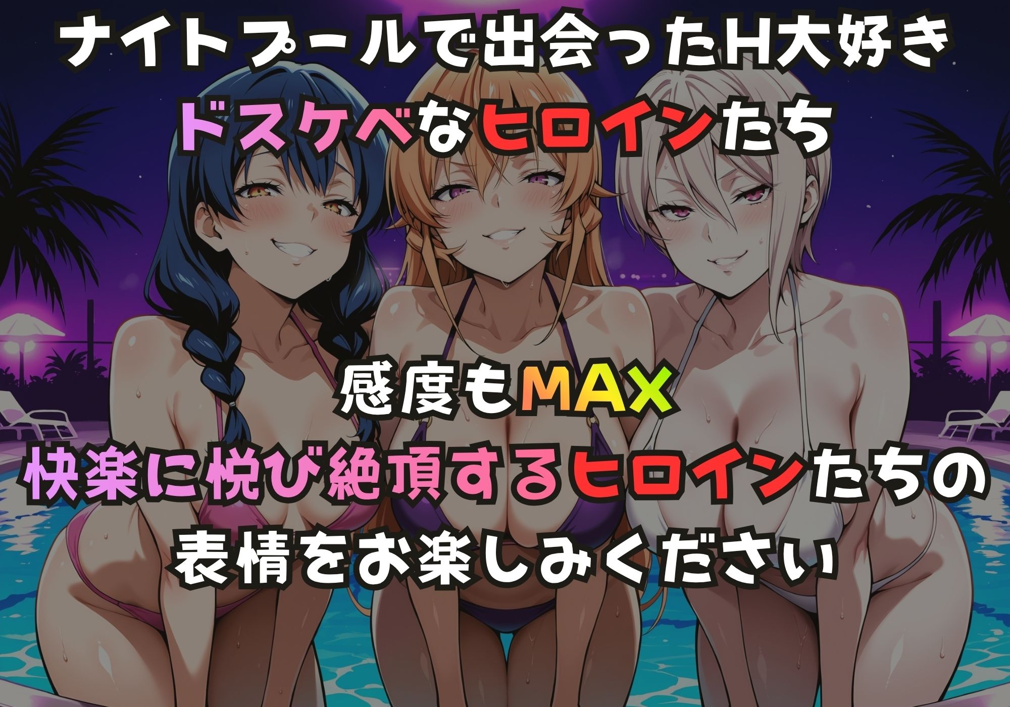 ナイトプールでガンギマるドスケベヒロイン 田〇恵＆薙切え〇な＆薙切ア〇ス サンプル画像1