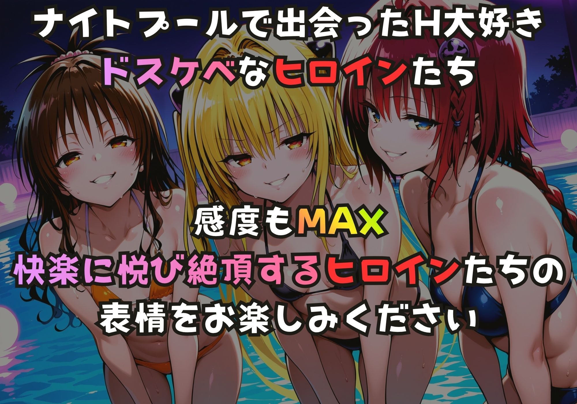 ナイトプールでガンギマるドスケベヒロイン 結城〇柑＆金色〇闇＆黒咲〇亜 サンプル画像1