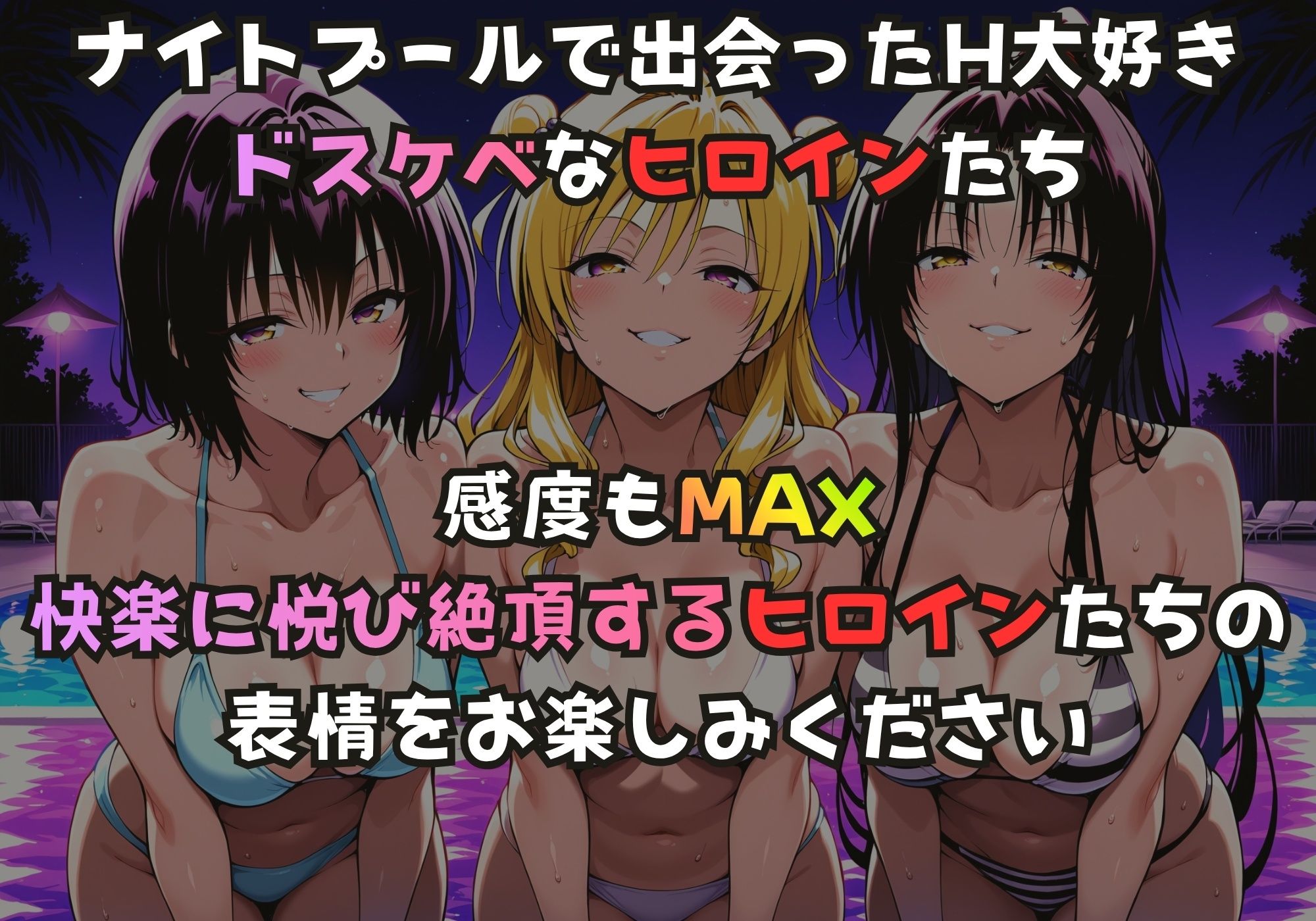 ナイトプールでガンギマるドスケベヒロイン 霧崎〇子＆天条院〇姫＆九条〇 サンプル画像1