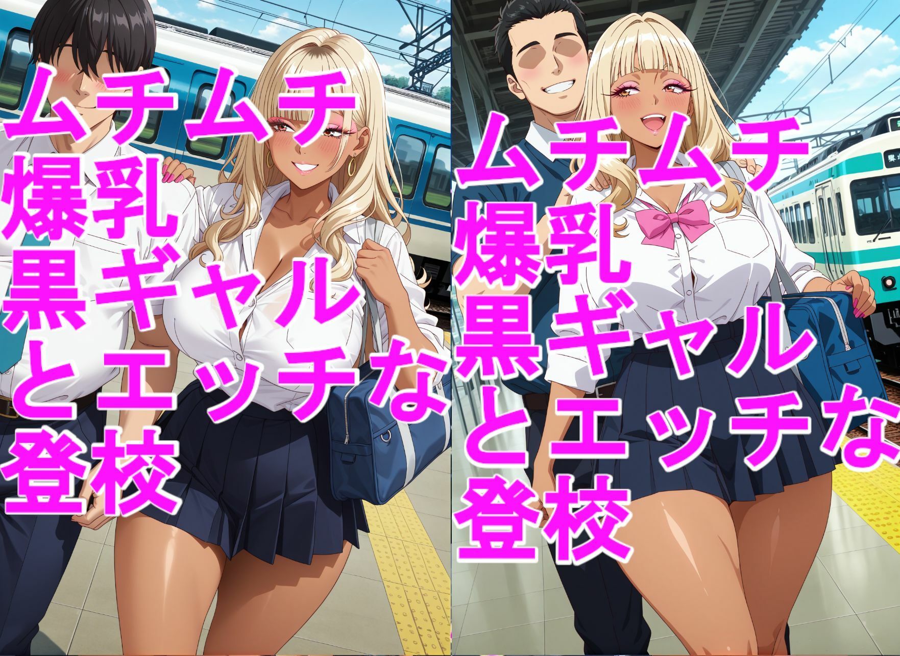 ムチムチ爆乳、黒ギャルJKとイチャイチャエッチな登校＋2部付きパンツ、パンチラ サンプル画像1