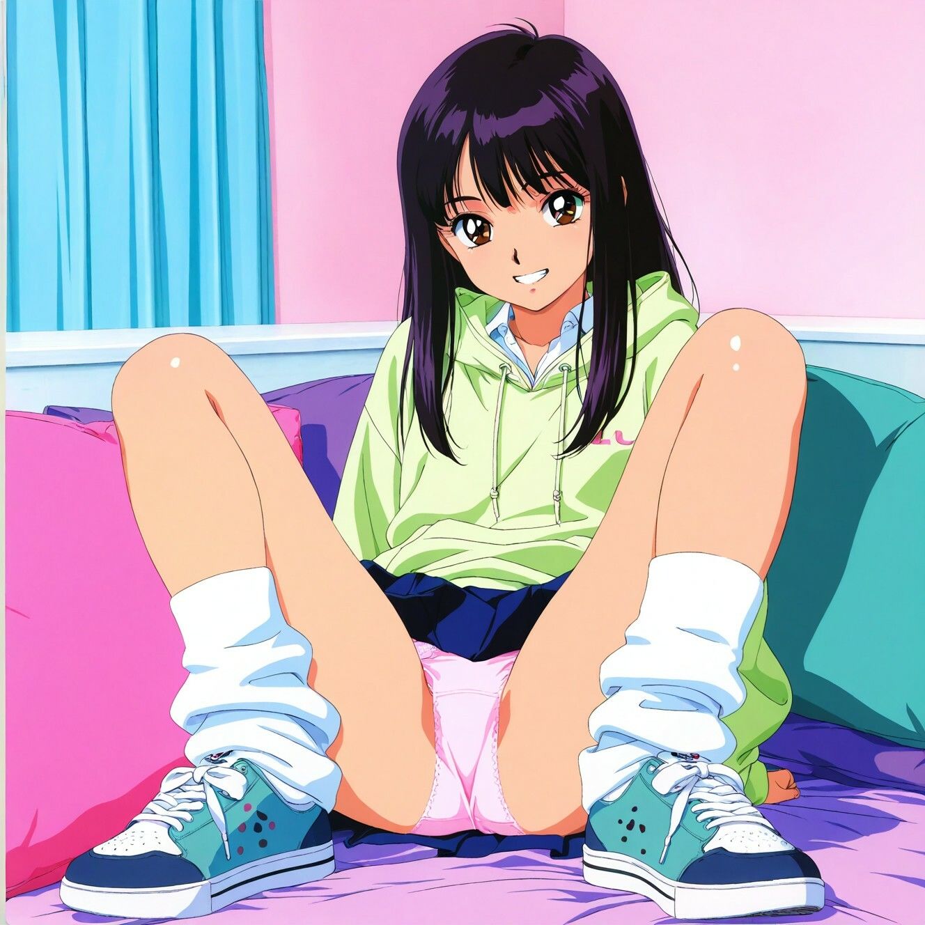 レトロアニメ風JKのM字＆四つん這いパンチラ サンプル画像1