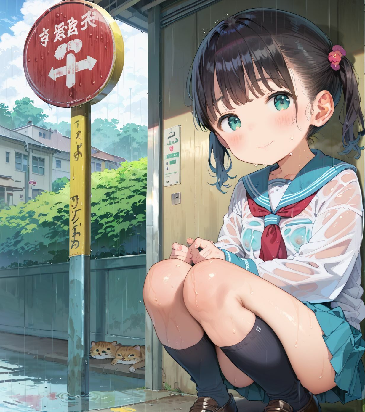 制服ちっぱい少女、バス停で雨宿り01 サンプル画像10
