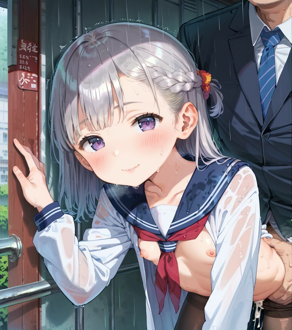 制服ちっぱい少女、バス停で雨宿り01 サンプル画像1