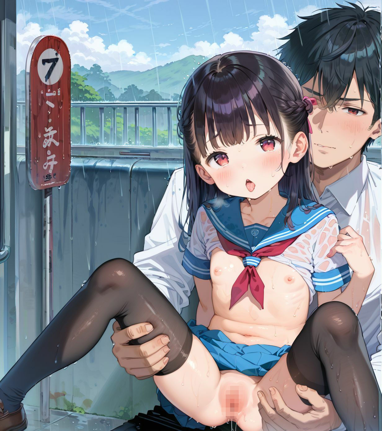 制服ちっぱい少女、バス停で雨宿り01 サンプル画像7
