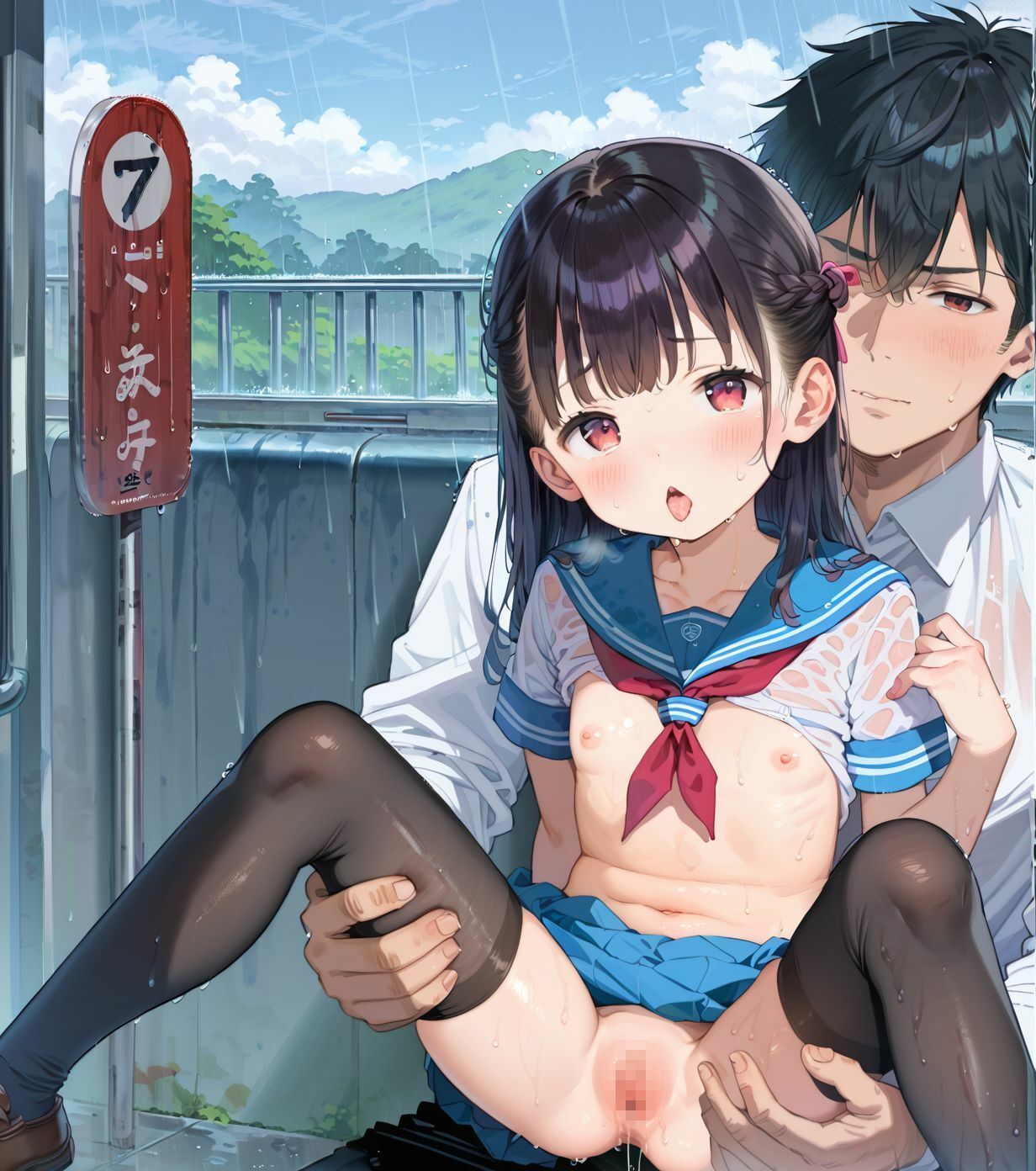 制服ちっぱい少女、バス停で雨宿り02 サンプル画像1