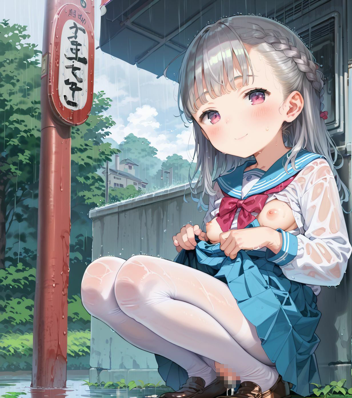制服ちっぱい少女、バス停で雨宿り05 サンプル画像1