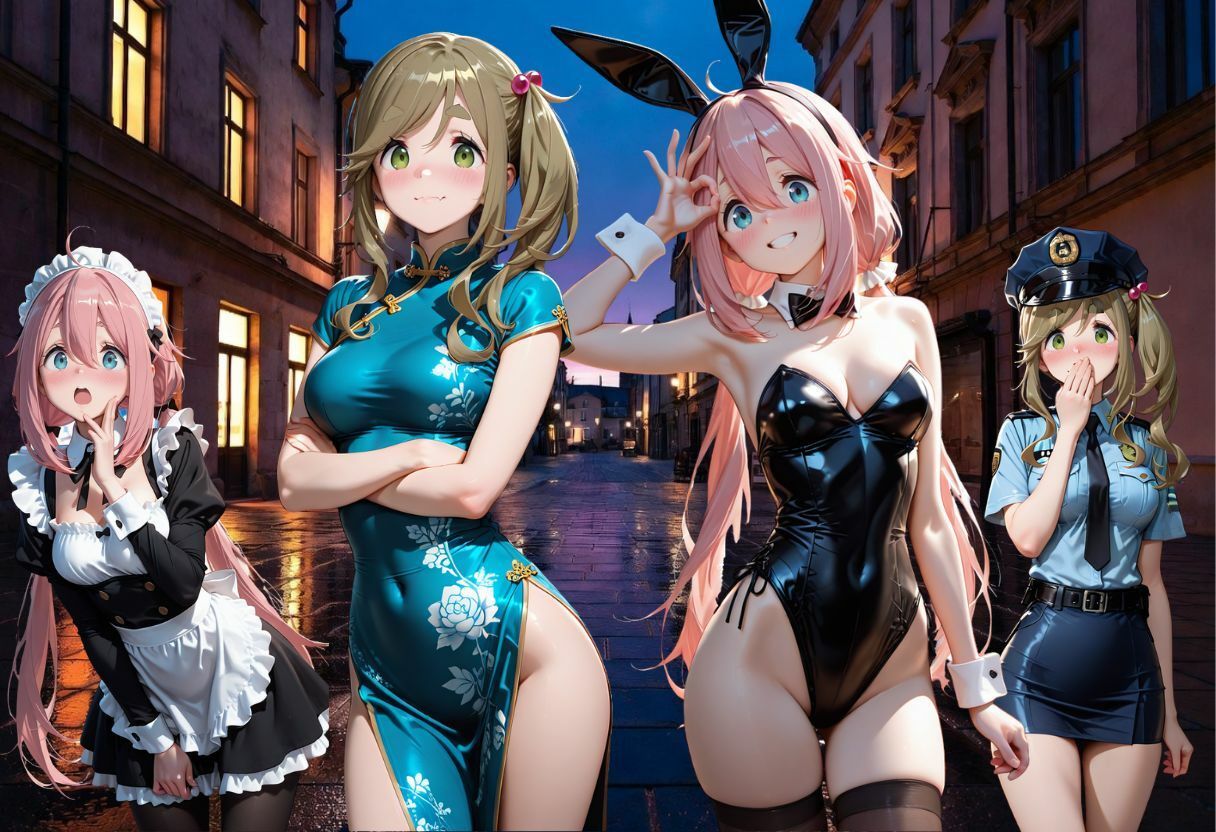 夜の街角で4人コスプレで大集合！ピンクメイド＆バニー＆チャイナドレス＆警察官がエッチに誘惑 サンプル画像1