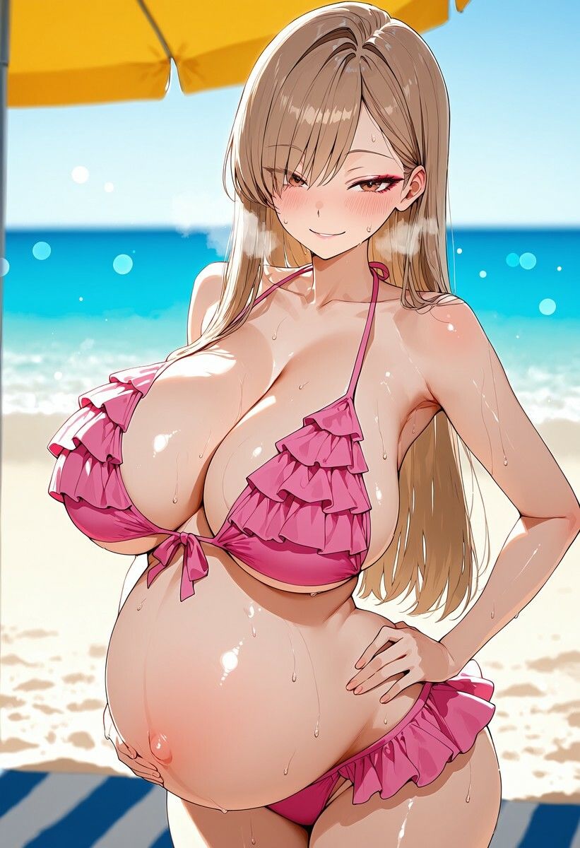 妊婦になった爆乳フリルビキニ3人娘をビーチで種付け中出ししまくる サンプル画像9