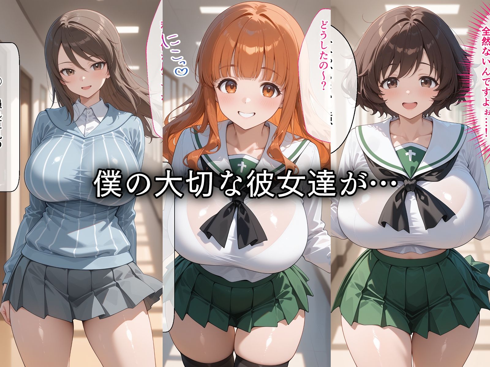 寝取られた爆乳三人娘たち〜催〇アプリで種付け完了 サンプル画像1