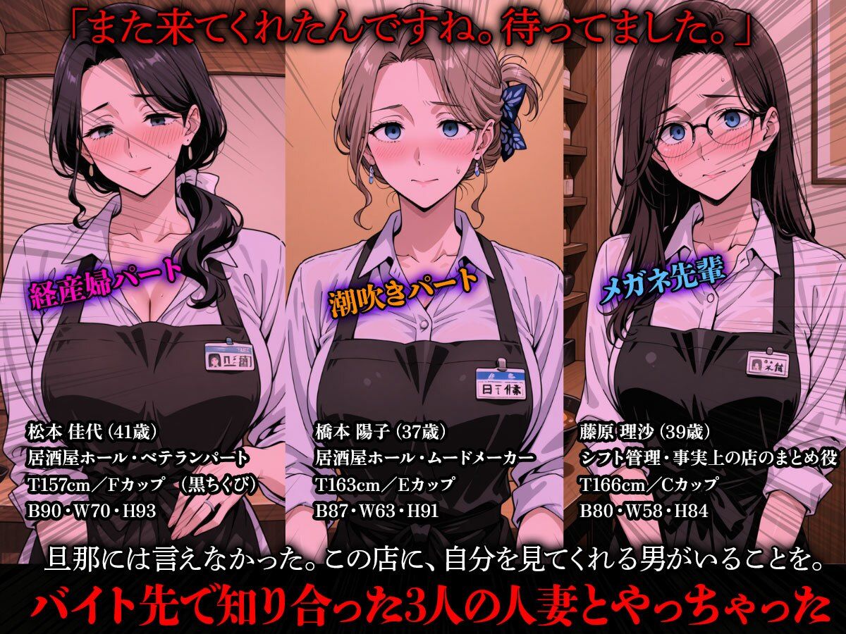 居酒屋パート人妻3人とやった話。 黒乳首・潮吹き・メガネ バイト先で知り合った人妻・記録 サンプル画像1
