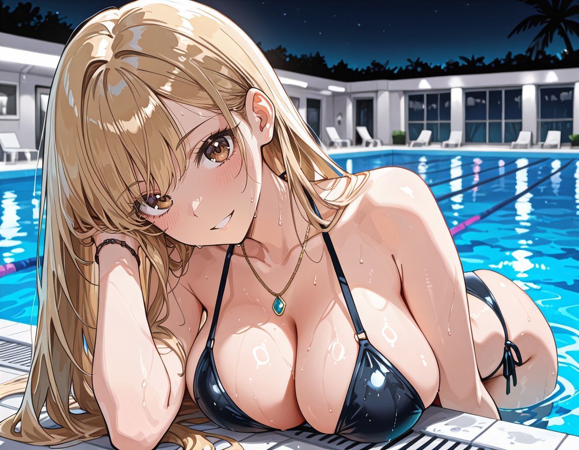 水着の女子校生ギャルと夜のプールで生ハメ中出し サンプル画像1