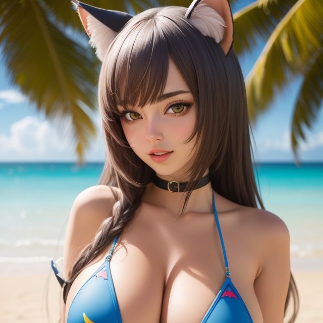 猫耳のセミリアル美女がビーチに（セリフなし  AIセミリアル画像集） サンプル画像7