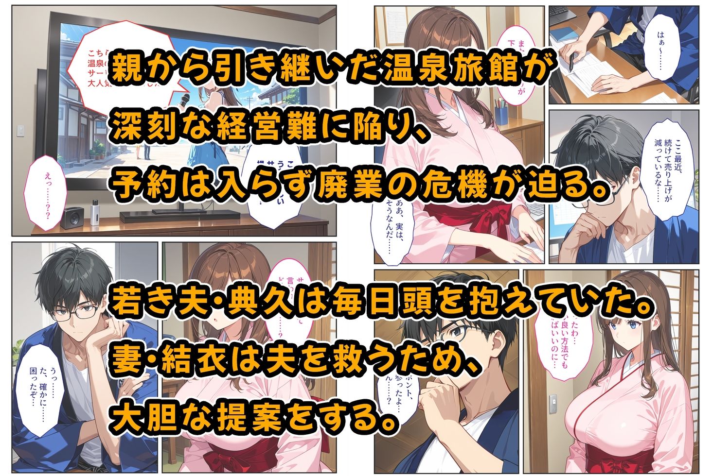 経営難の温泉旅館を守るため…爆乳人妻女将が客たちに種付けられて妊娠メス堕ち！ サンプル画像1