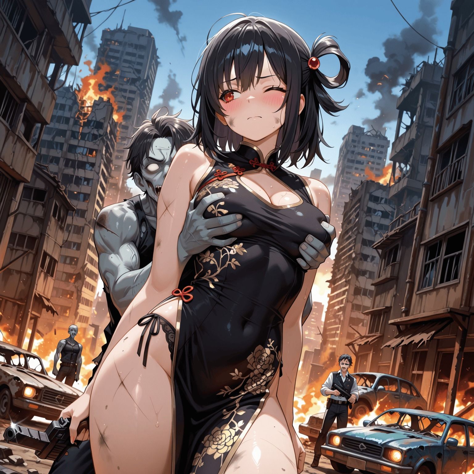 虚構世界で黒髪チャイナドレス少女の観察 ゾンビ編 サンプル画像1