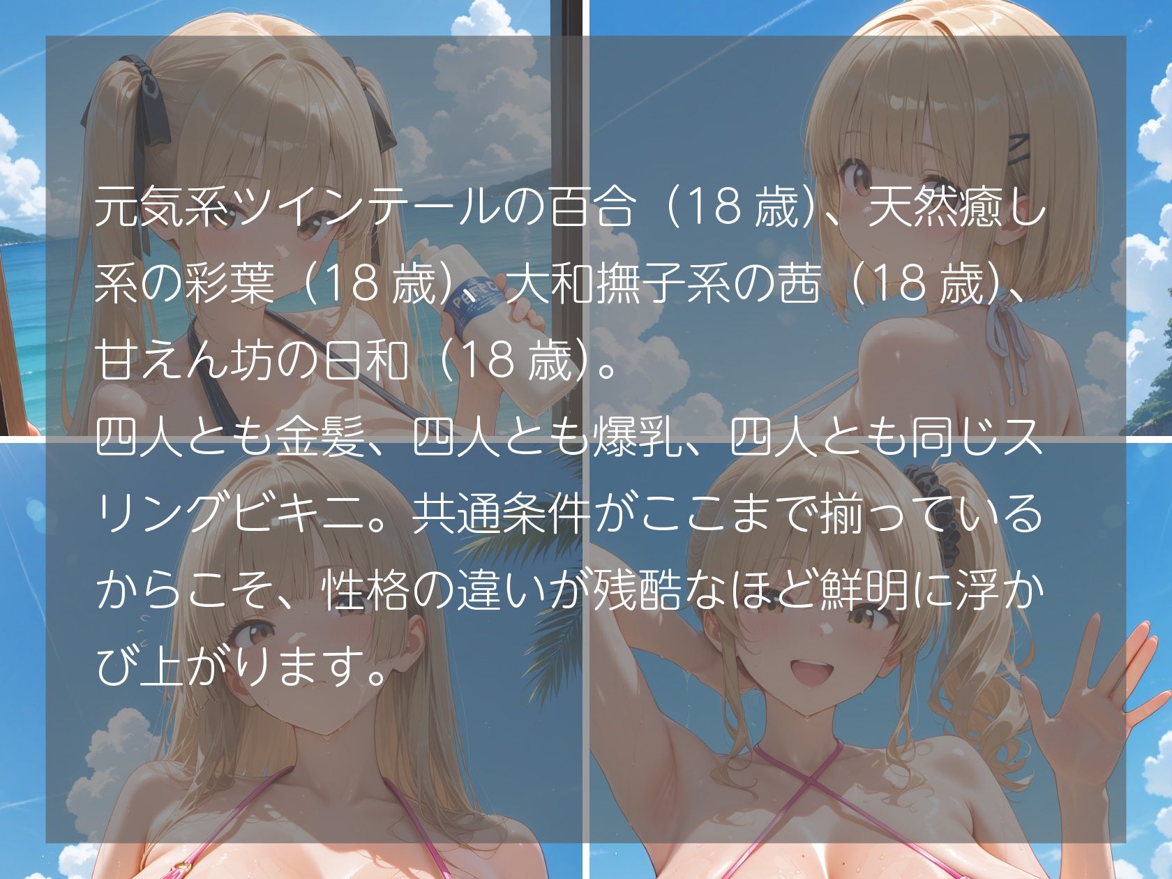 金髪義妹4人のスリングビキニ 同じ布なのに、隠し方が全員違う件 サンプル画像1