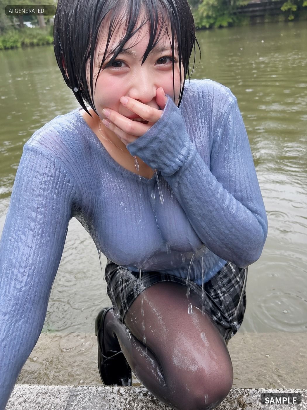 青いニットのまま川でずぶ濡れ。着衣Wet AI写真集100枚 サンプル画像4