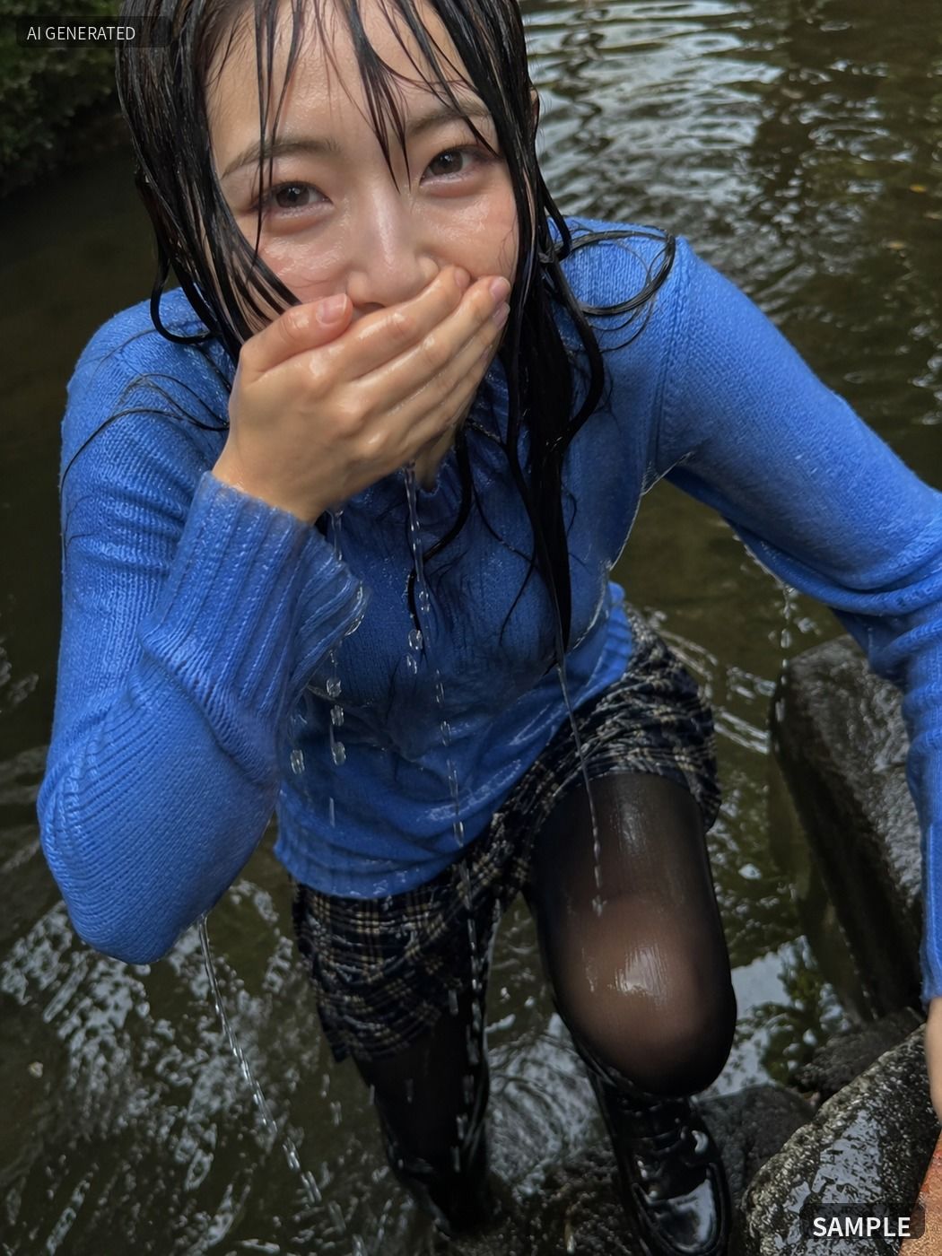 青いニットのまま川でずぶ濡れ。着衣Wet AI写真集100枚 サンプル画像5