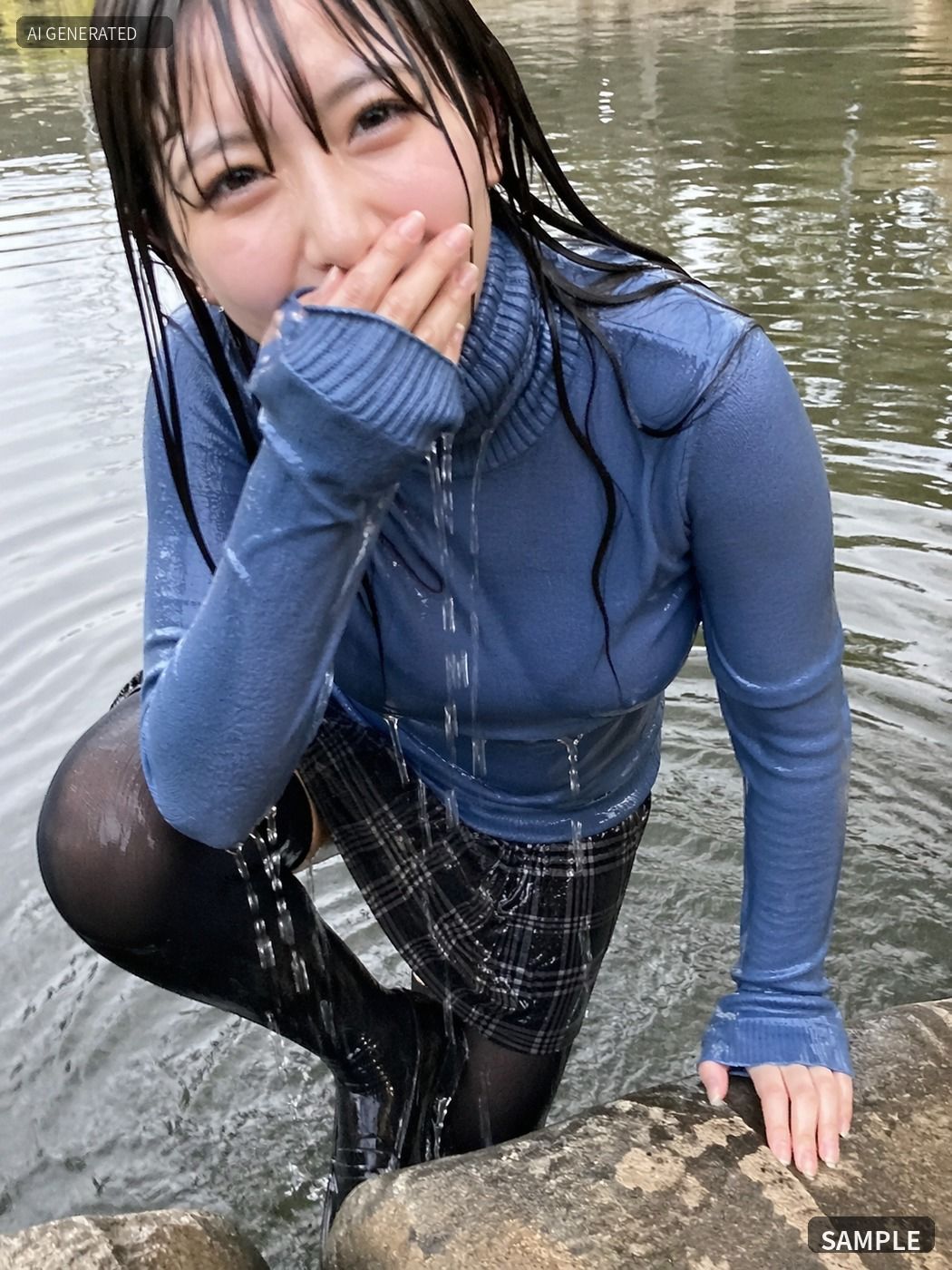 青いニットのまま川でずぶ濡れ。着衣Wet AI写真集100枚 サンプル画像6