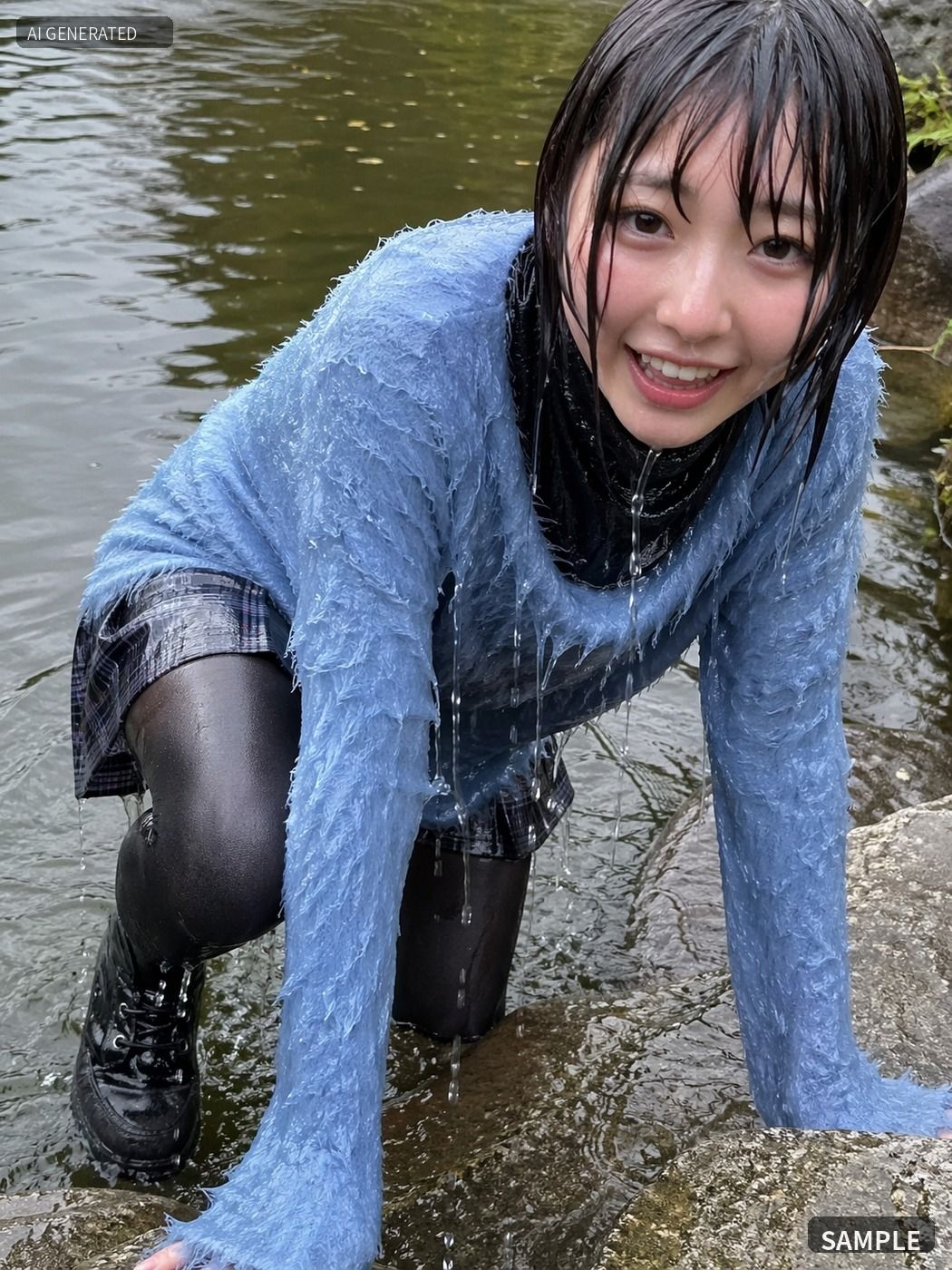 青いニットのまま川でずぶ濡れ。着衣Wet AI写真集100枚 サンプル画像8