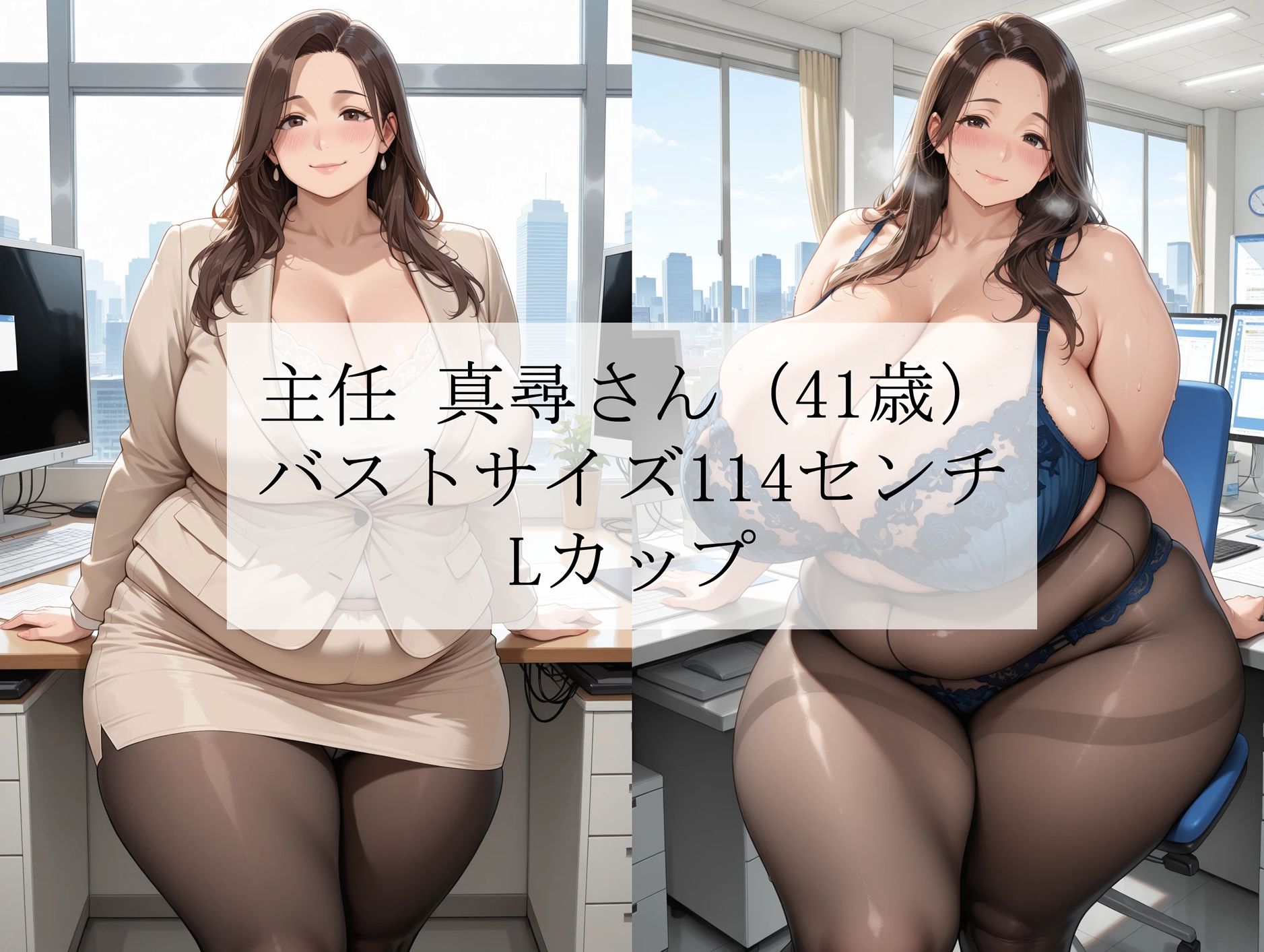 黒パンスト豊満人妻オフィスvol.1「主任真尋さん」編〜仕事のご褒美は爆乳おっぱい上司と濃厚社内セックスでした〜＜漫画風吹き出しセリフ付CG集＞ サンプル画像1