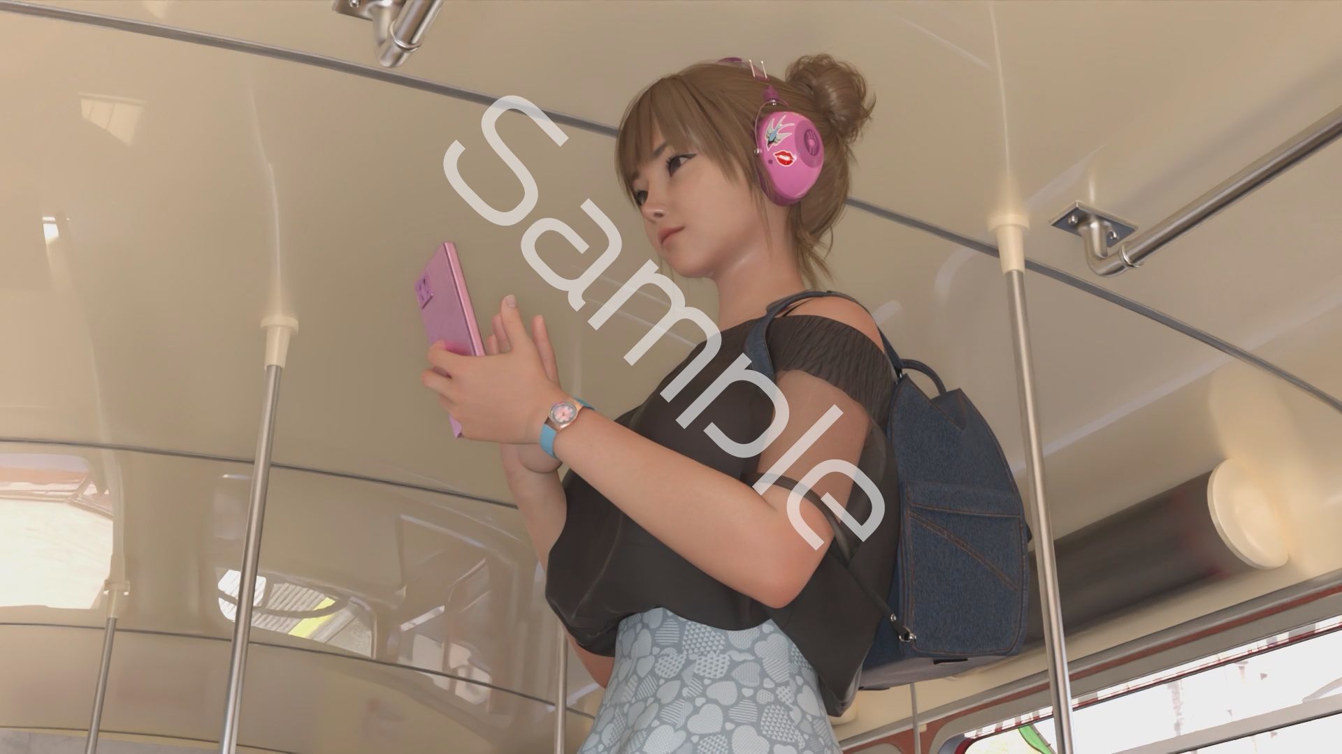 一ノ瀬廻里・私服登校日の通学途中のバス内でスカート内逆さ撮り盗撮の被害に遭う:フロント版PV01（サテン地白黒シマシマパンティ） サンプル画像7