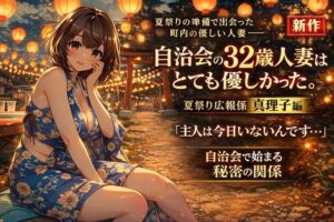 自治会の32歳人妻はとても優しかった。夏祭り広報係 真理子編 〜町内イベントの準備で距離が縮まった、優しすぎる主婦との秘密の夏〜