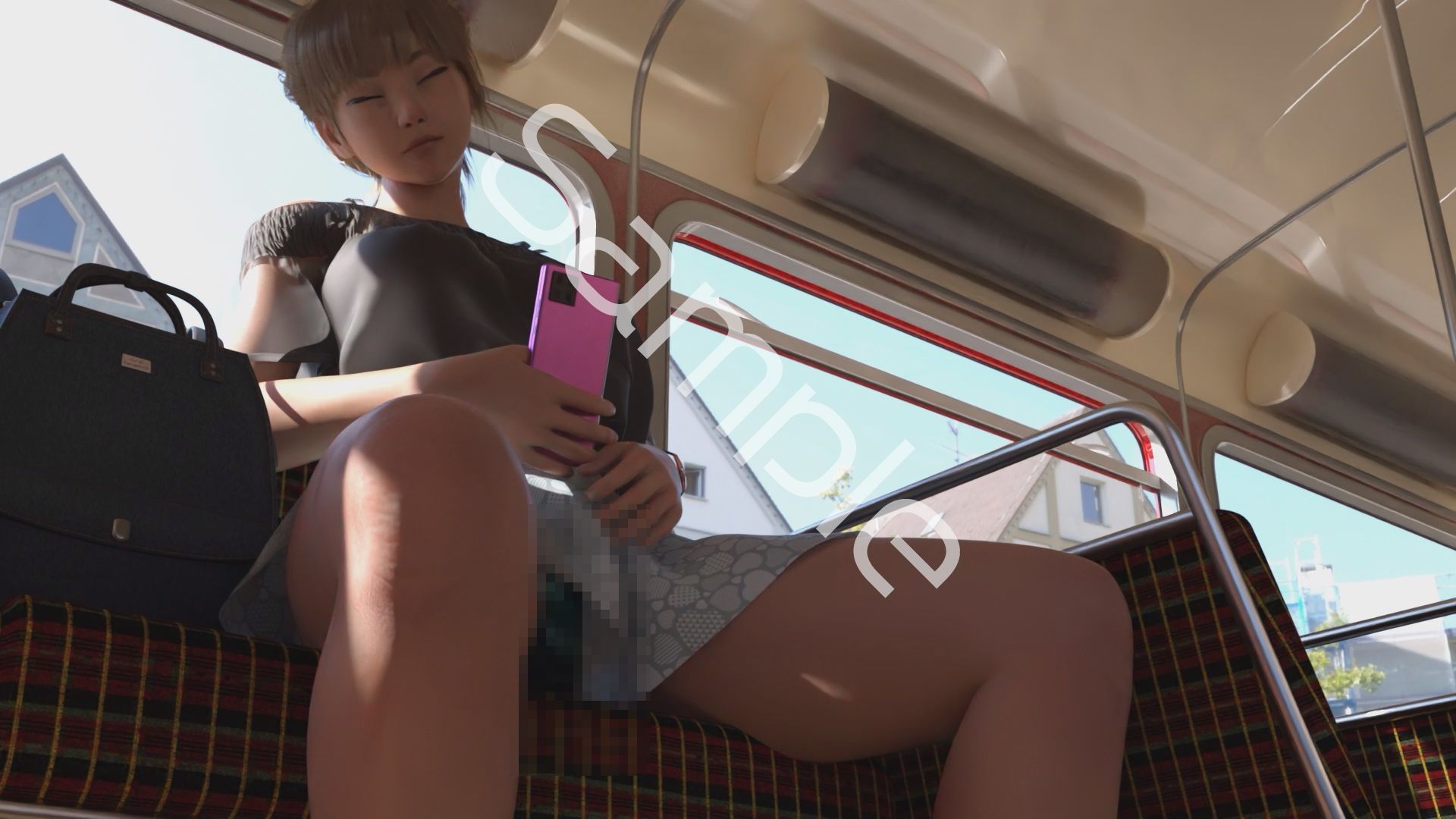 一ノ瀬廻里・私服登校日の通学途中のバス内でスカート内盗撮の被害に遭う:居眠り版PV02（サテン地エレガントな緑色パンティ） サンプル画像2