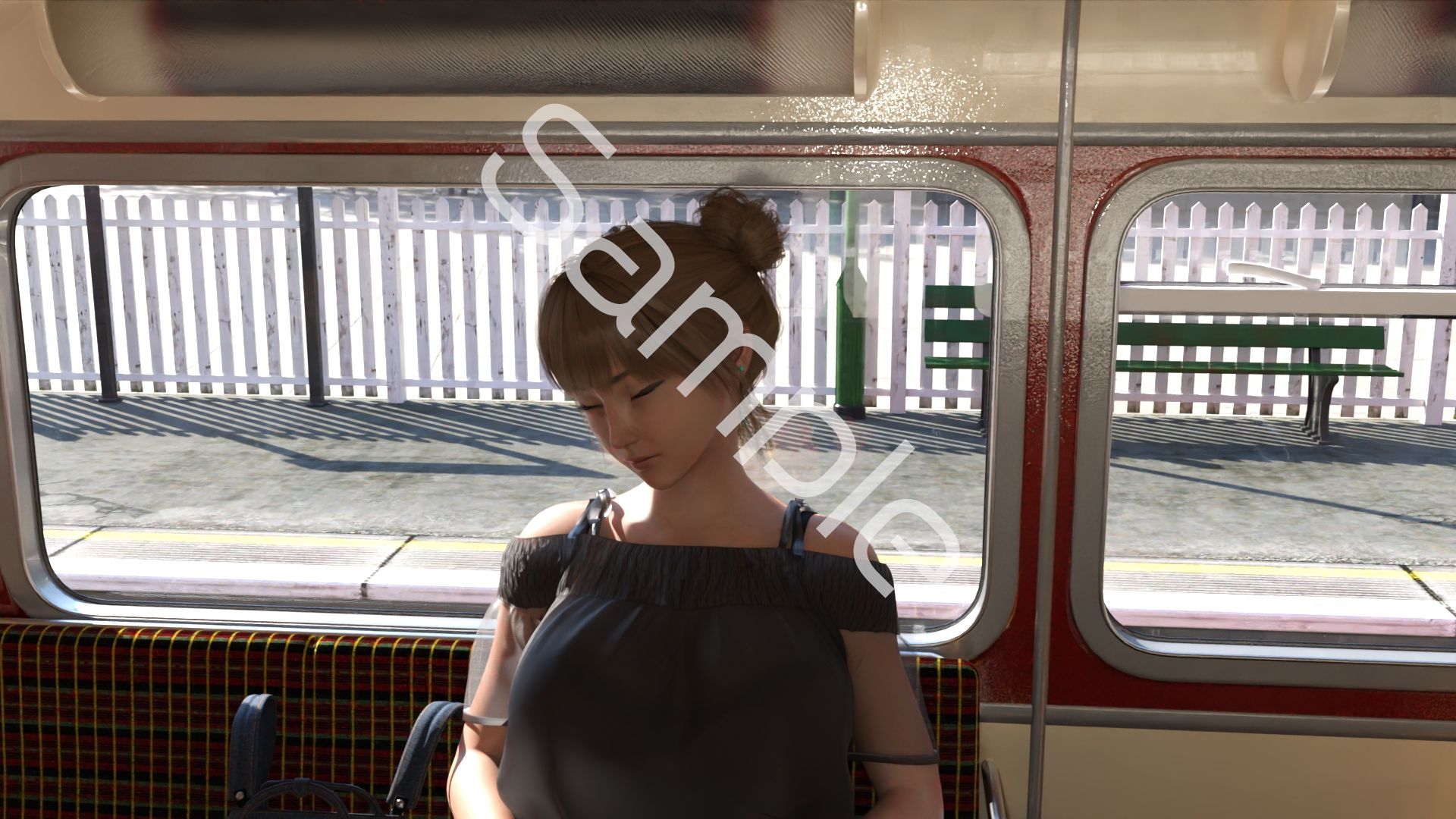 一ノ瀬廻里・私服登校日の通学途中のバス内でスカート内盗撮の被害に遭う:居眠り版PV02（サテン地エレガントな緑色パンティ） サンプル画像3