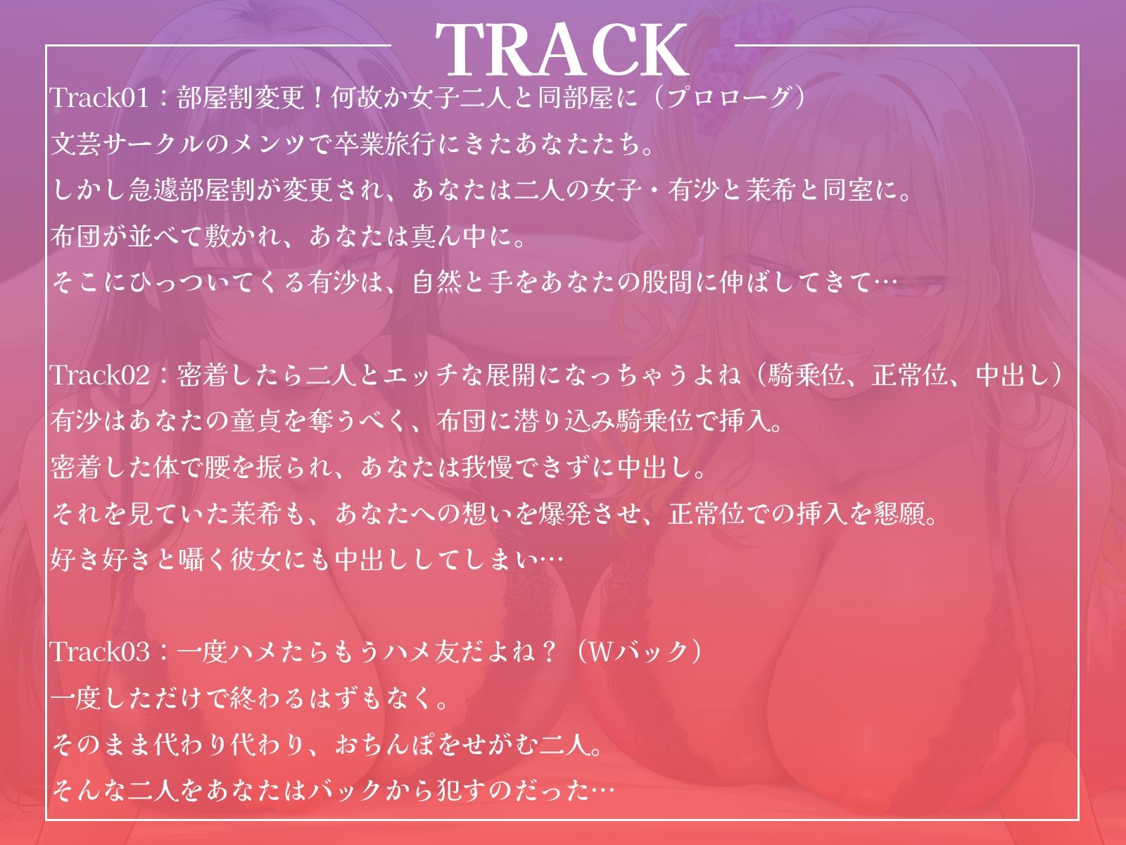 卒業旅行で部屋割急遽変更！？陽キャ女子二人に挟まれて陰キャなあなたの童貞が危ない！〜憧れの先輩ギャルと清楚系JDに逆レ●プされるハーレム旅行〜【KU100収録】 サンプル画像4