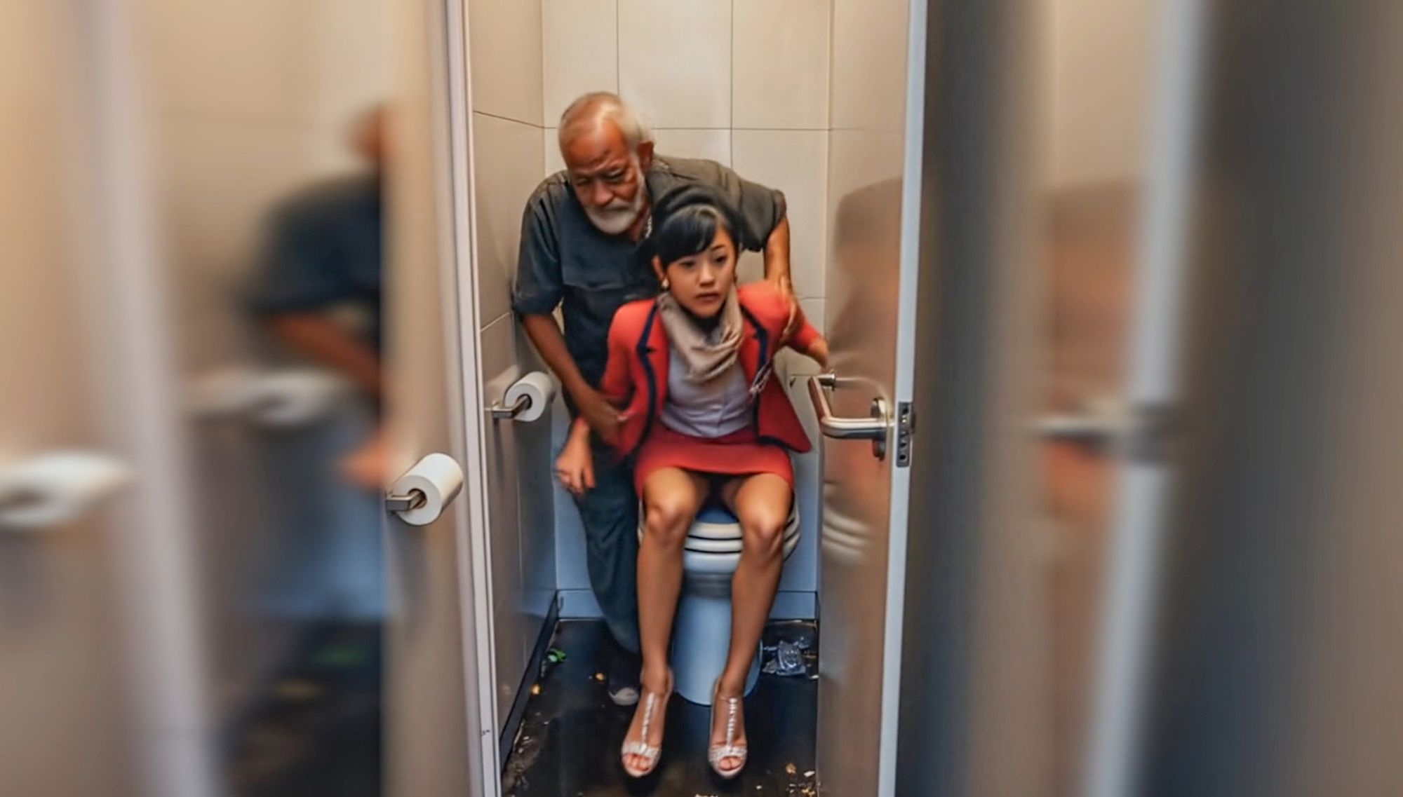 妄想13 CA トイレに潜む危険 AI生成動画 サンプル画像2