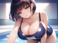 緑色ロングでセーラー服を着た女の子と黒髪ボブスタイルで水着の女の子 サンプル画像1