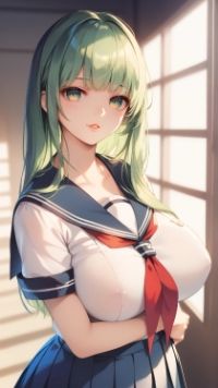 緑色ロングでセーラー服を着た女の子と黒髪ボブスタイルで水着の女の子 サンプル画像4