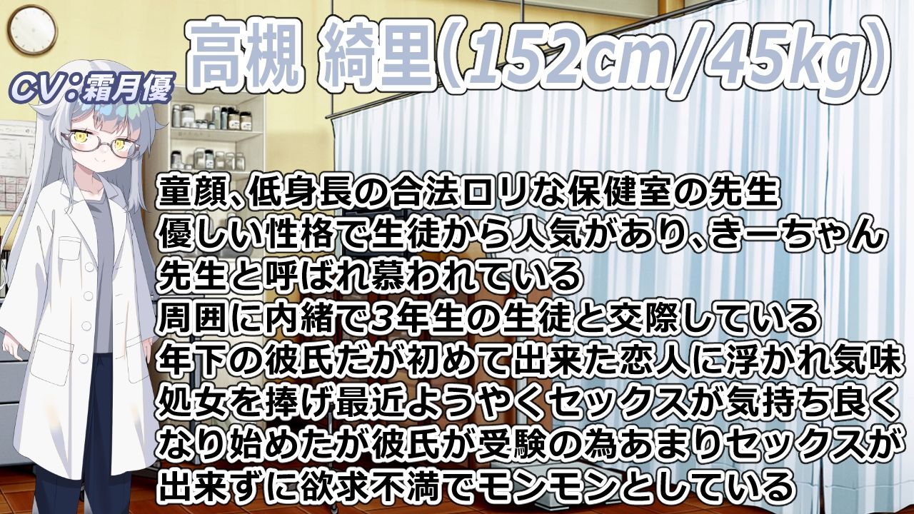 （CV:霜月優）生徒と内緒で付き合っている養護教諭は保健室で彼氏とイチャついてるところを見た教頭先生に寝取られる サンプル画像2