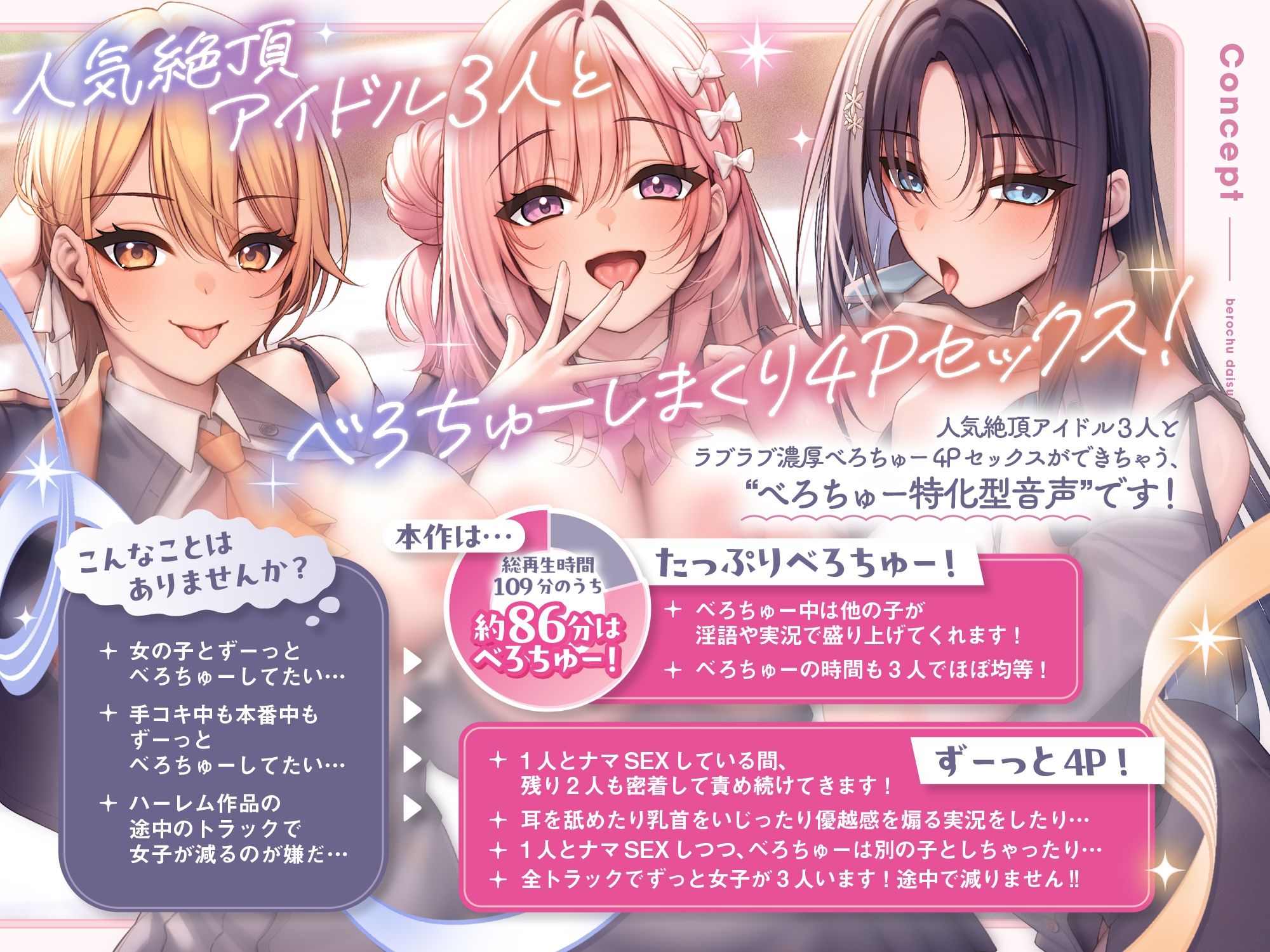 べろちゅー大好きアイドル3人と優越感MAXハーレム4P-かわるがわる濃厚ラブラブべろちゅー＆優越感ムクムク実況＆好きな子を選んで密着4PべろちゅーナマSEX-【キス特化】 サンプル画像1