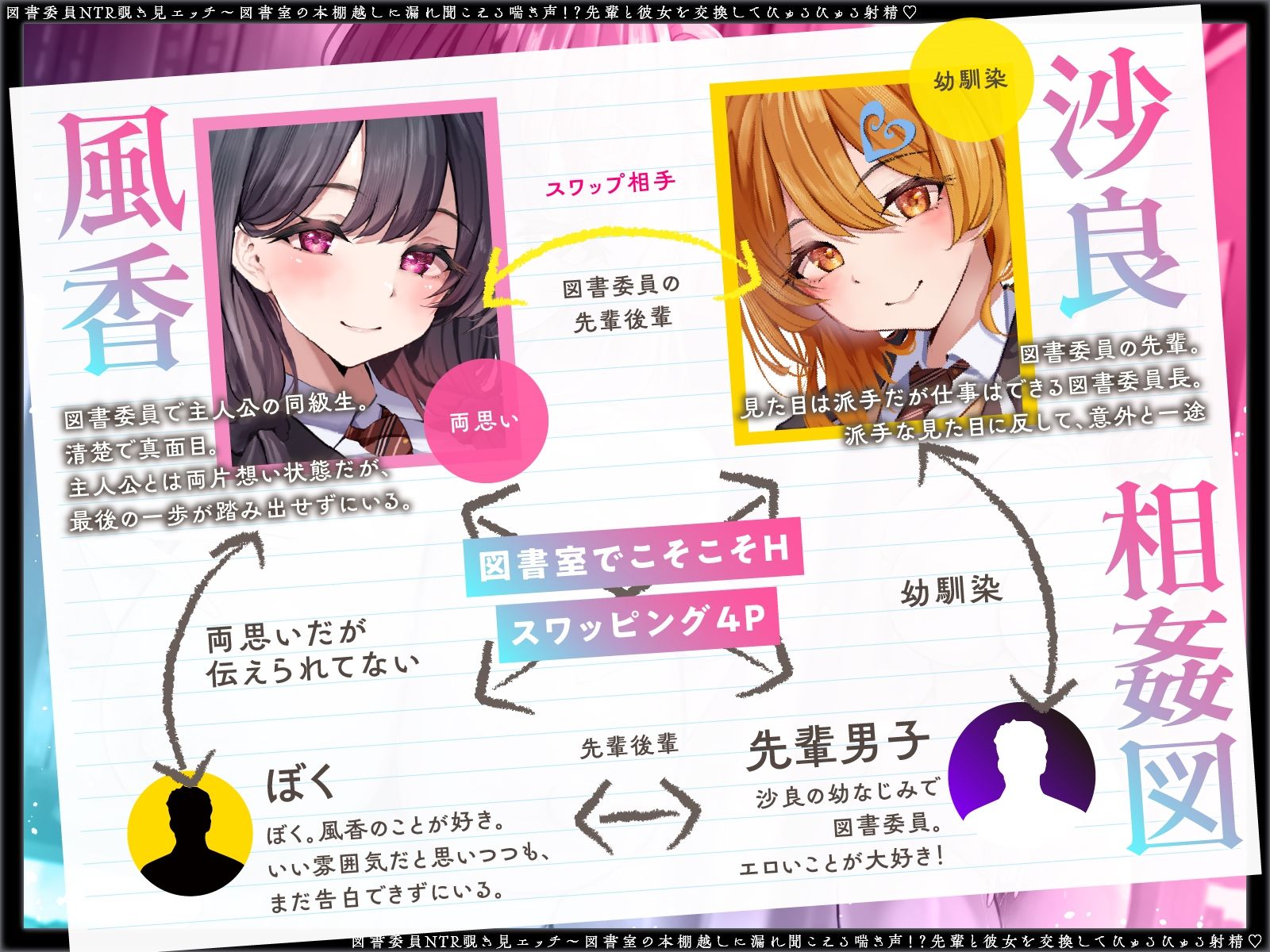 【寝取られ×無声囁き】図書委員NTR覗き見エッチ〜図書室の本棚越しに漏れ聞こえる喘ぎ声！？先輩と彼女を交換してびゅるびゅる射精（はーと）【スワッピング】 サンプル画像3