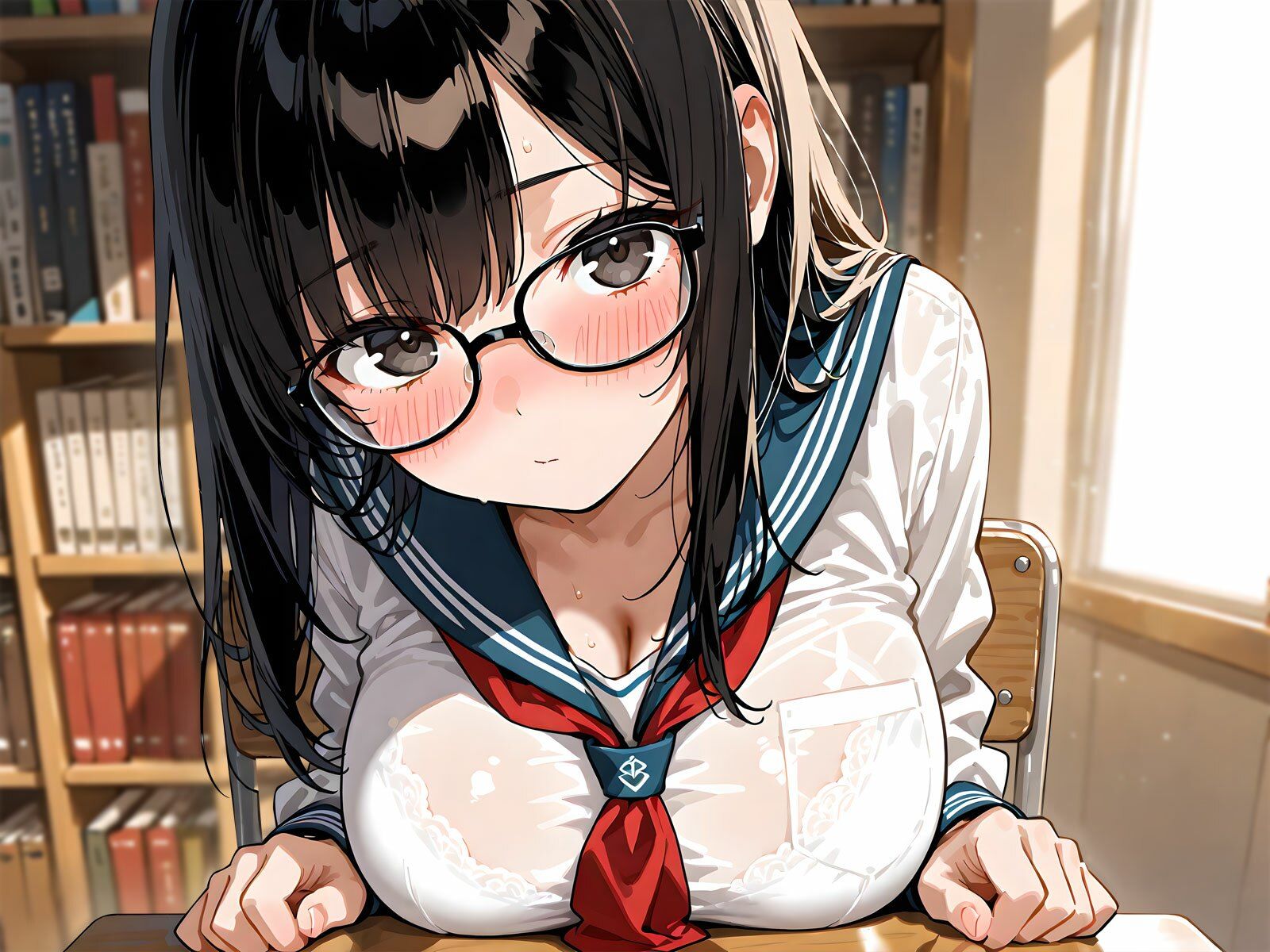 おとなしめな巨乳図書委員の後輩に勉強を教えていたら…谷間に興奮して勃起バレ→密着囁きでお礼の中出しえっち サンプル画像4