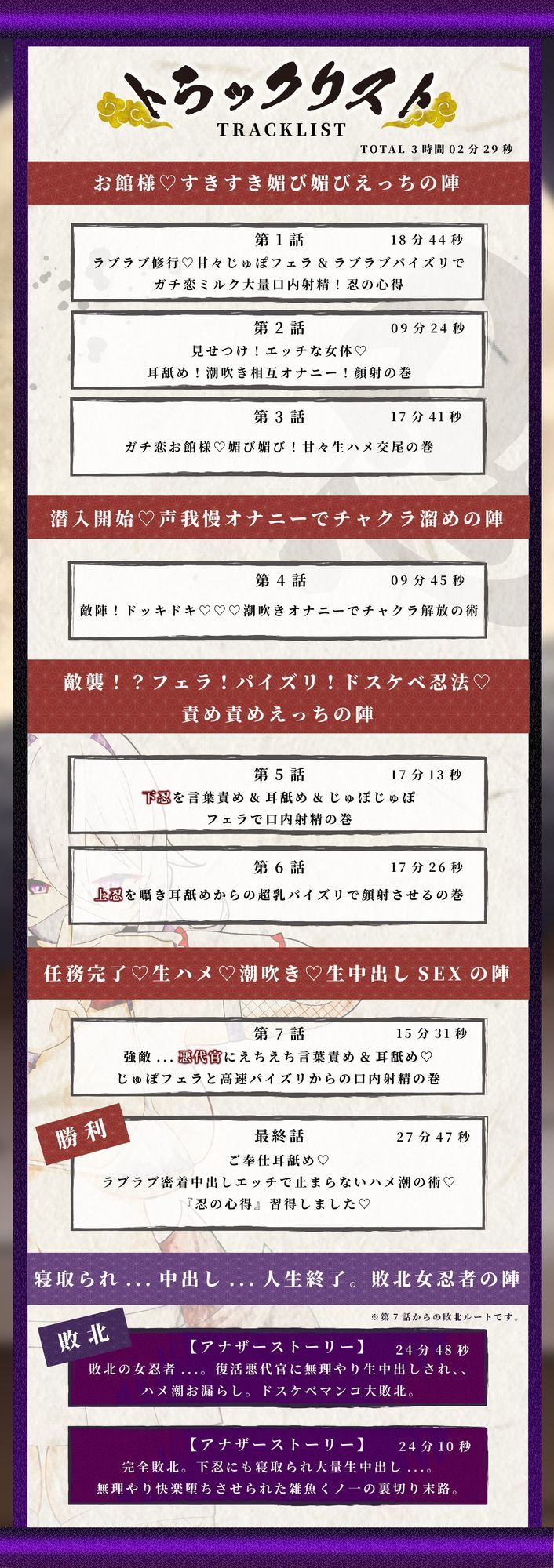 【KU100】【3時間OVER】【NTR×ハメ潮×孕ませ】〜爆乳くノ一ガチ恋の巻〜「くノ一 VS 下忍・上忍・悪代官」おちんぽ媚び媚びの術【CV分倍河原シホ】 サンプル画像5