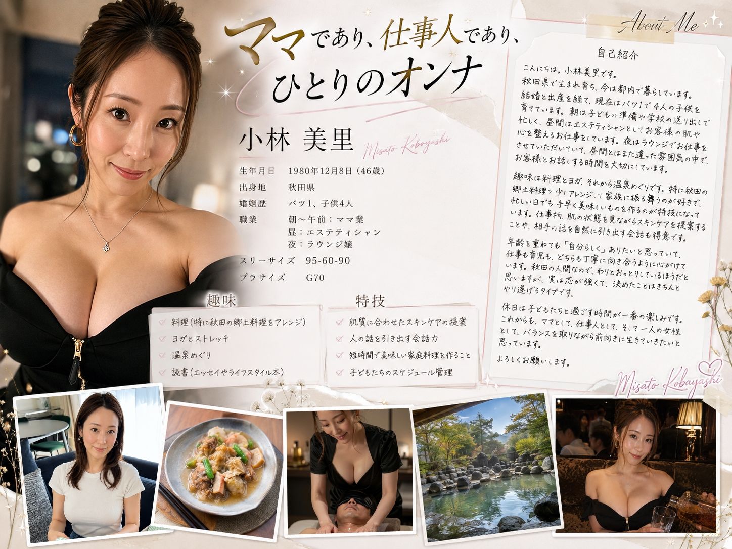 【AI生成】IMAGE VIDEO ＆ AI写真集 Vol.6 小林美里 4児のママ/エステティシャン/ラウンジ嬢（46） 「ママであり、仕事人であり、ひとりのオンナ」 サンプル画像1