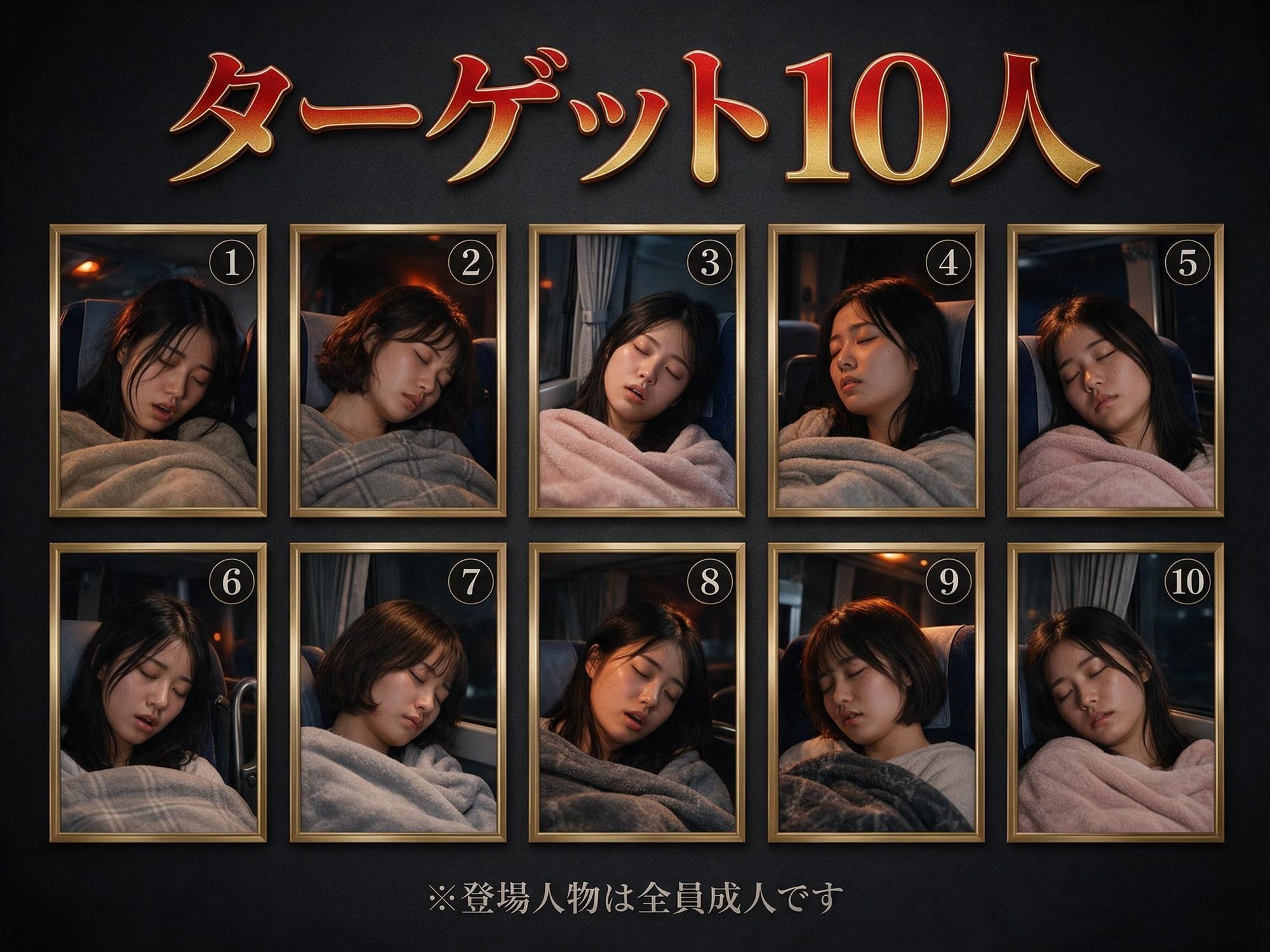 夜行バス中出し痴● 乳首つまみ×尻揉み×生挿入×大量中出し 〜消灯後の車内で10人の巨乳美女を●す〜 サンプル画像1