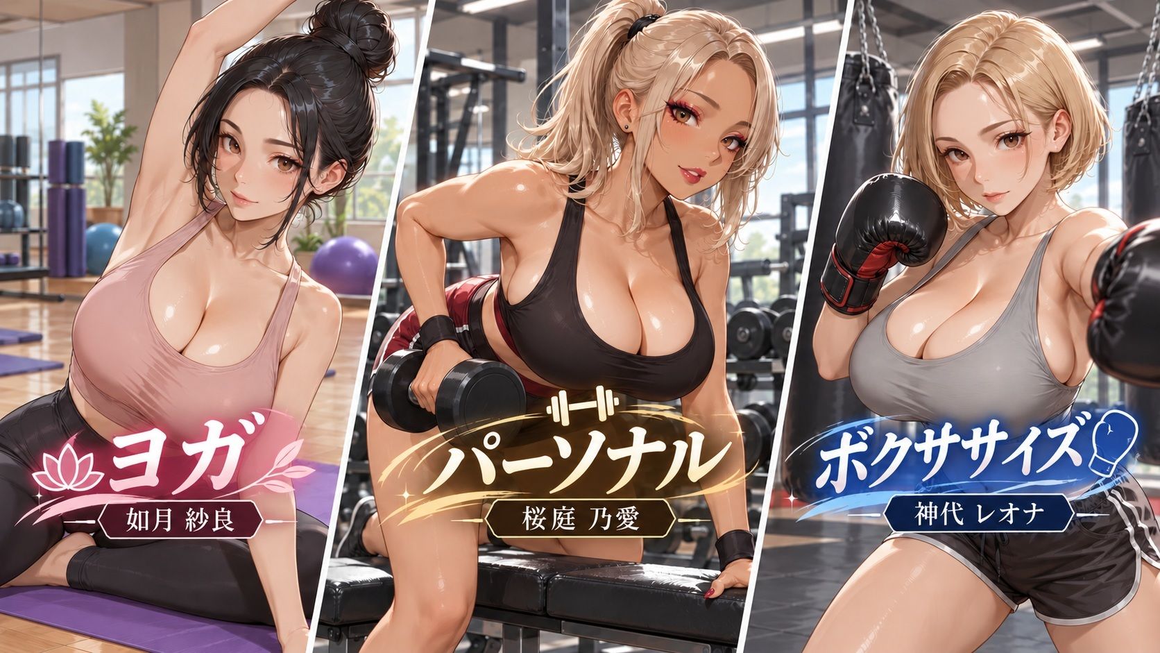 汗も拭かずに即SEX！トレーニング直後の爆乳美女インストラクター3人と濃厚中出し！ サンプル画像1